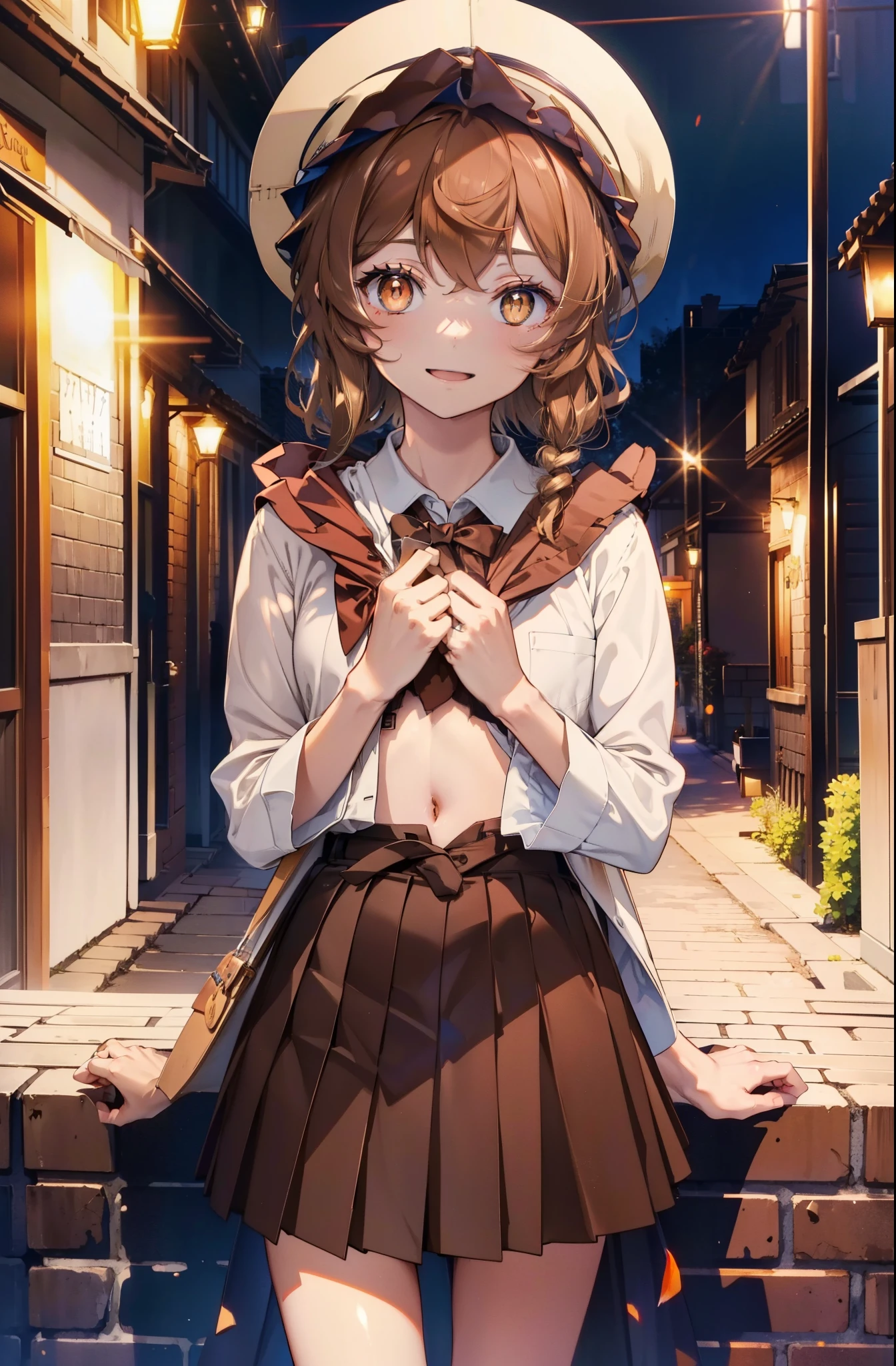 lil card, Liliruka gets burned, (brown eyes:1.7), brown hair, (flat chest:1.2),happy smile, smile, open your mouth, short hair,white Y-shirt,brown blazer,Brown pleated skirt,black pantyhose,brown loafers,evening,sunset,
break looking at viewer,
break outdoors,In town,building street,
break (masterpiece:1.2), highest quality, High resolution, unity 8k wallpaper, (shape:0.8), (fine and beautiful eyes:1.6), highly detailed face, perfect lighting, Very detailed CG, (perfect hands, perfect anatomy),