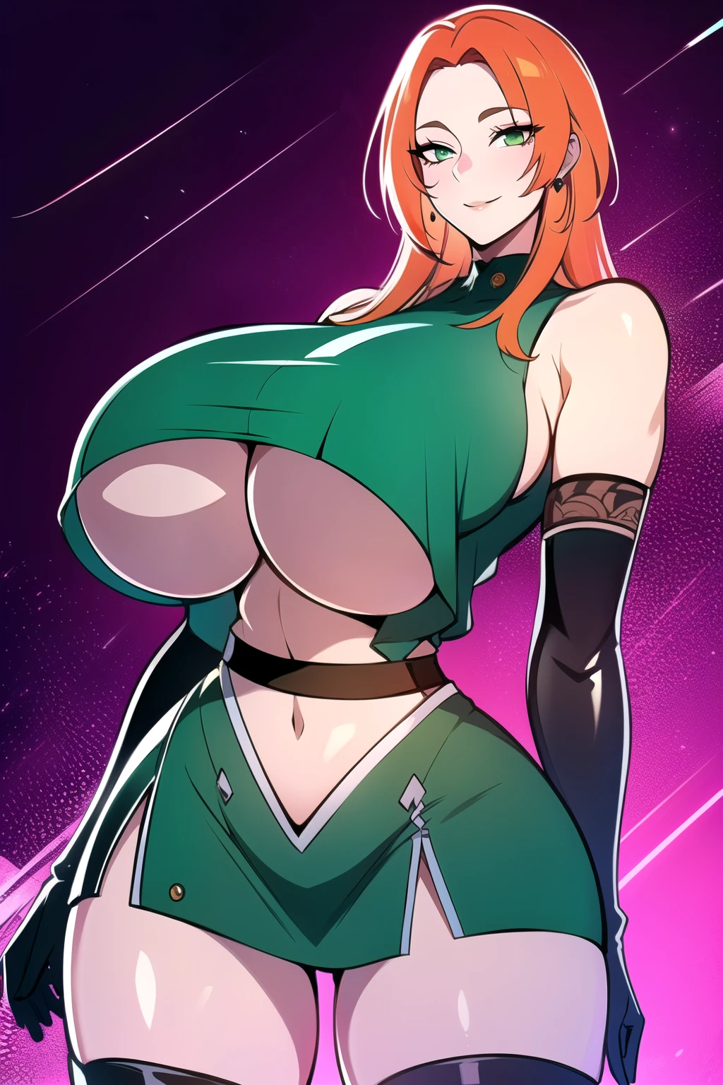 ultra realistic 8k cg, masterpiece, ((ultra detailed background, intricate detail, highly detailed, fine details best quality, hyperdetailed face)), gigantic breasts ,beautiful lighting, absurdres, BoaHancockV2, 1girl, solo, (orange hair :1.4), long hair, jewelry, closed mouth, ), ((black crop top : 1.1), (underboob : 1.4), elbow gloves, thigh boots, split skirt, bare shoulders, curvy, midriff, curvy, thighs, shiny clothes), (green eyes : 1.4), complex detailed background, inside, luxury palace), ((cowboy shot)), curvy, (gigantic breasts: 1.1), seductive smile, cowboy shot,