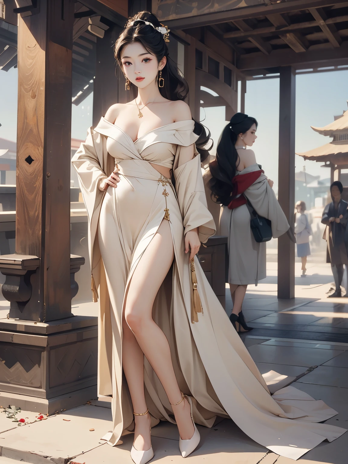 ((((highest quality))))、(((Ultra-precision CG16K wallpaper)))、(((masterpiece)))、(((Super detailed)))、(((super extreme details)))、((1people's women))、mature woman、24 year old woman、((Japanese face))、((very beautiful face))、((Beauty:1.5))、((straight long ponytail hair:1.5、blunt bangs))、(shiny brown hair)、beautiful delicate eyes、Big eyes with double eyelids、brown eyes、raised eyebrows、high nose、small nostrils、small mouth、seductive lips、beautiful breasts、((C cup size breasts))、cleavage、plump body、(Chubby body type)、perfect proportions、perfect anatomy、perfect composition、beautiful detailed shading、beautiful natural lighting、beautiful detail glow、Depth of the bounds written、(((High chroma)))、(((real:1.9)))、((vivid:1.5))、((edge:1.6))、((beautiful skin))、((skin texture))、((realな皮膚感))、(((full body shot:1.6)))、((Angle seen from the front:1.6))、((smile:1.5))、(Eyes looking at me:1.5)、daytime park、bright sunshine、Natural light、(((Outdoor park:1.5)))、(standing pose:1.5)、(((Off-the-shoulder ribbed mini dress_beige color clothing:1.6)))、((earrings、wearing necklace:1.3))、(((pumps_Wearing white:1.6)))、(((clarity、detailed face:1.6)))、