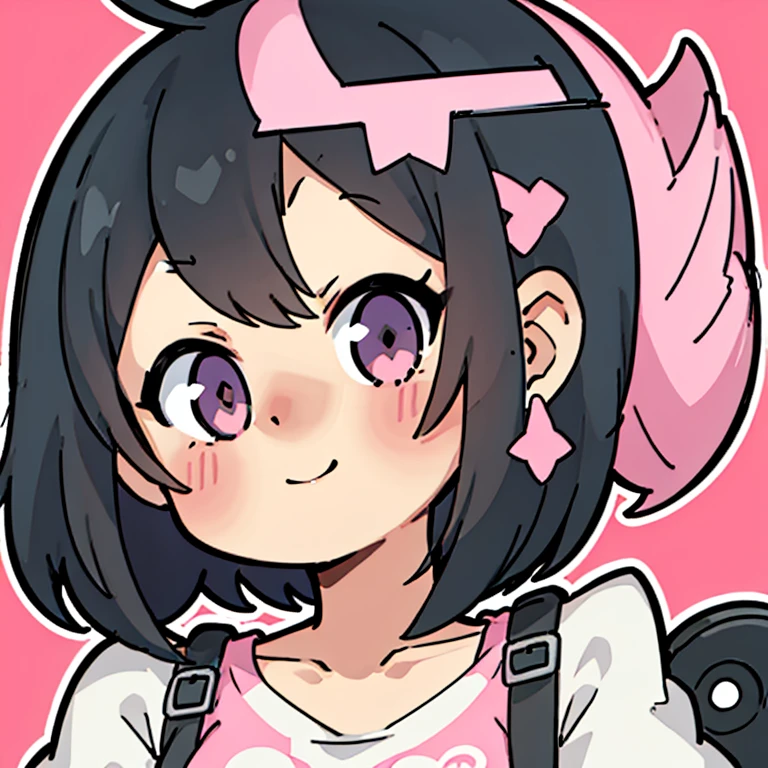 One person, black hair, Bangs, short hair, pink clip hair, happy face, Cute clothes