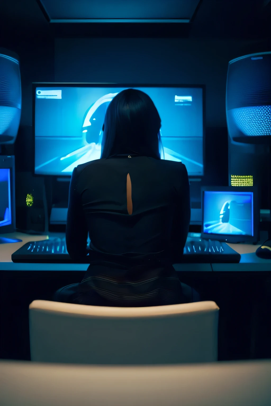 Image of a dark, blue room with about 100 monitors Rear view of a woman looking at a monitor The inside of the monitor is watching the room.