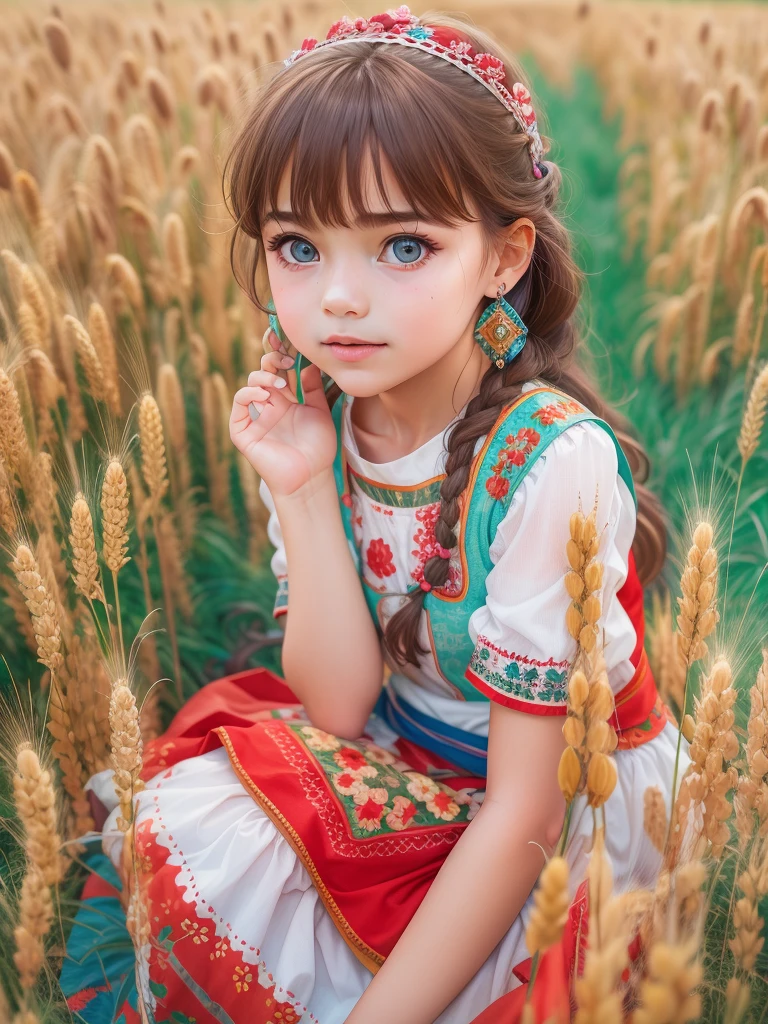 ((9year old girl:1.5)), complete anatomy, children's body, , super cute, girl, , random poses,random angles,

Ukrainian girl, wheat field, golden wheat field, embroidery,((( blue embroidery:1.2))),red embroidery,
Ukrainian, Russian, Belarusian, Sorochka, Ukrainian folk costumes,(red, blue, white), (red, blue, and white hairband),

 beautiful girl, 1 girl, , petite girl, top quality, masterpiece, high eyes,drooping eyes,(realism: 1.2)), , bangs, tall eyes, natural light,(aquamarine eyes),bangs, beautiful girl with fine details, Beautiful and delicate eyes, Beautiful girl, detailed face, Beautiful eyes, beautiful shining body, 8K images,