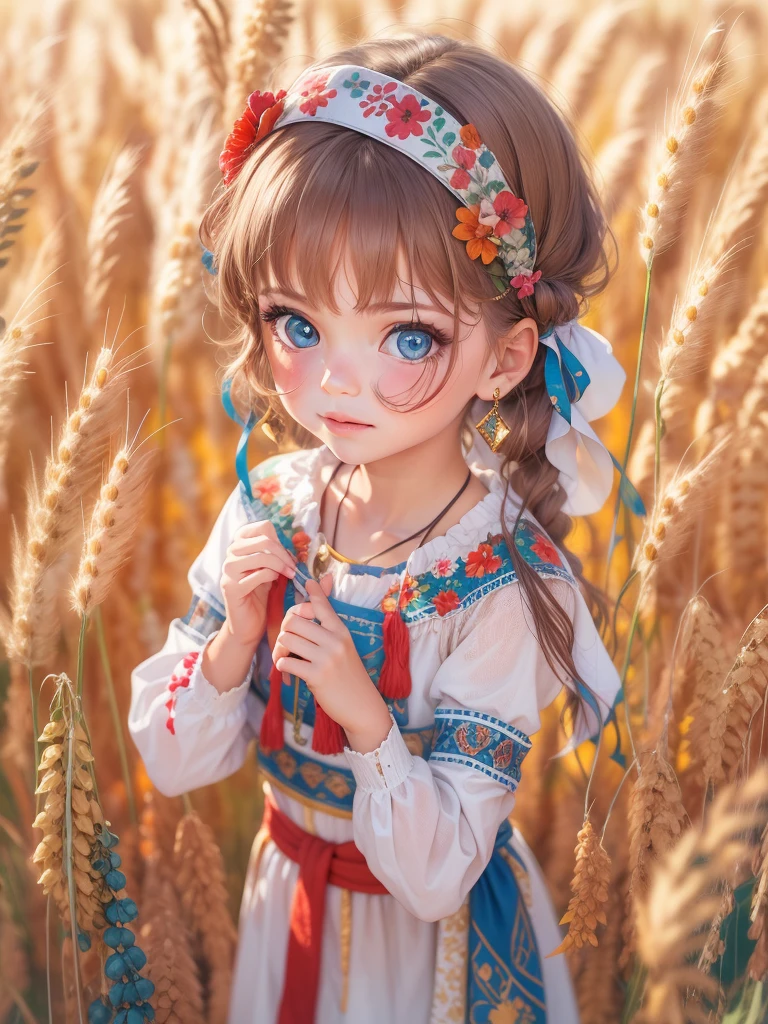 ((9year old girl:1.5)), complete anatomy, children's body, , super cute, girl, , random poses,random angles,

Ukrainian girl, wheat field, golden wheat field, embroidery,((( blue embroidery:1.2))),red embroidery,
Ukrainian, Russian, Belarusian, Sorochka, Ukrainian folk costumes,(red, blue, white), (red, blue, and white hairband),

 beautiful girl, 1 girl, , petite girl, top quality, masterpiece, high eyes,drooping eyes,(realism: 1.2)), , bangs, tall eyes, natural light,(aquamarine eyes),bangs, beautiful girl with fine details, Beautiful and delicate eyes, Beautiful girl, detailed face, Beautiful eyes, beautiful shining body, 8K images,