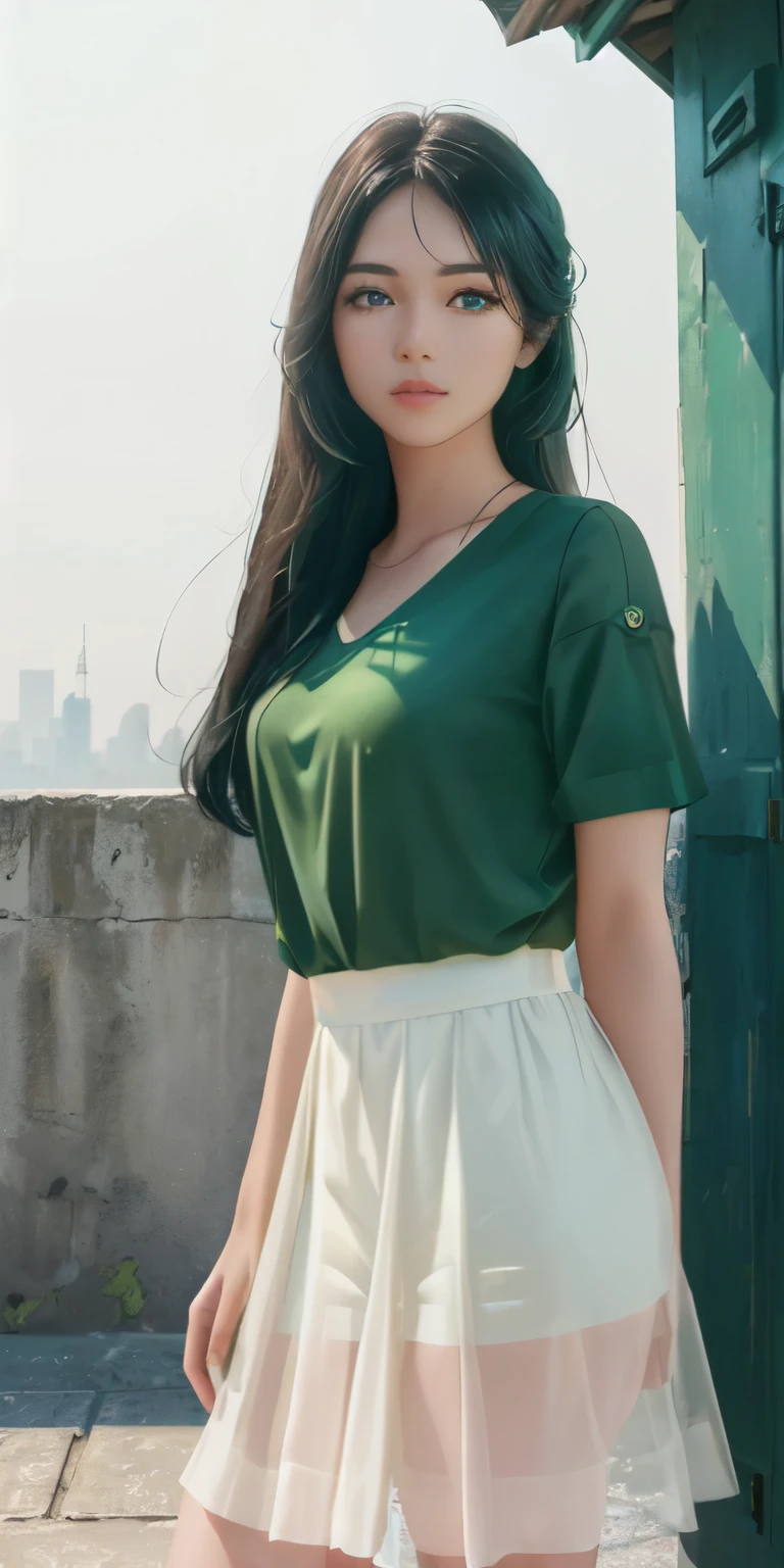 (1girl:1.3), Solo, (((Very detailed face)))), ((Very detailed eyes and face)))), Beautiful detail eyes, Body parts__, Official art, Unified 8k wallpaper, Super detailed, beautiful and beautiful, beautiful, Green shirt, best quality, original, masterpiece, super fine photo, best quality, super high resolution, realistic realism, sunlight, full body portrait, amazing beauty, dynamic pose, delicate face, vibrant eyes, (from the front), She wears green shirt short sleeves, green and yellowcolor scheme, very detailed Udonthani Rajabhat background, Gate, overlooking the city, detailed face, detailed complex busy background, long straightblack hair, gorgeous, milky white, highly detailed skin, realistic skin details, visible pores, clear focus, volumetric fog, 8k uhd, DSLR, high quality, film grain, fair skin, photo realism, lomography, futuristic dystopian megalopolis, translucent