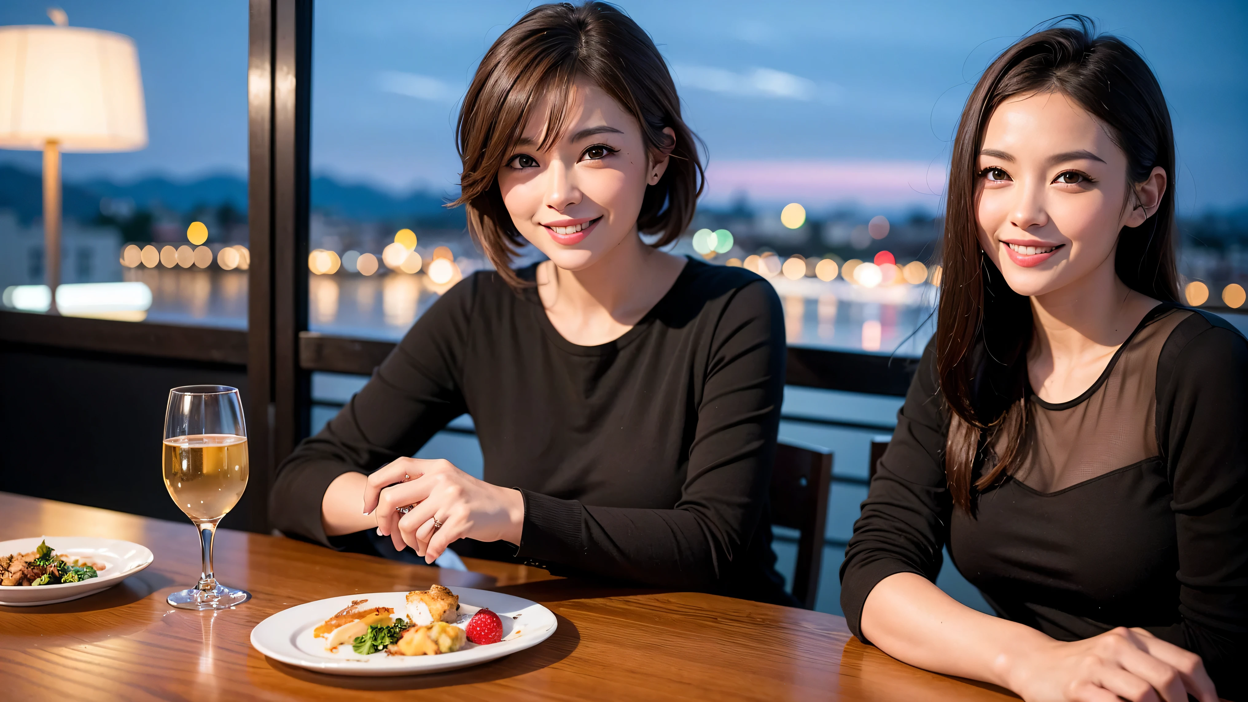 （Realistic:1.1）,(masterpiece,Highest quality)，8k,(56 years old), 53 years old, ベリーslimボディ、slimカップル、Tight waist,Upper Body,full-course dinner、wine 、Amazing view of the sunset sky and clouds、Perfect Anatomy, Brown Hair, short hair,Random Hairstyles,((Highly detailed face and eyes:1.2))，Perfect golden ratio face，Long sleeve shirt、dress,(smile:1.2)、Shortcuts、cute、(Realistic, Intricate details:1.2), A bright smile、short hair,Bright Face、赤wine 、Appetizers、Italian food、wine bottle、Champagne、スパークリングwine、(slimな顔), (The body is slim), (Brown Hair), (Shortcuts),  Upper Body, 白wine, slim, wineグラス, 