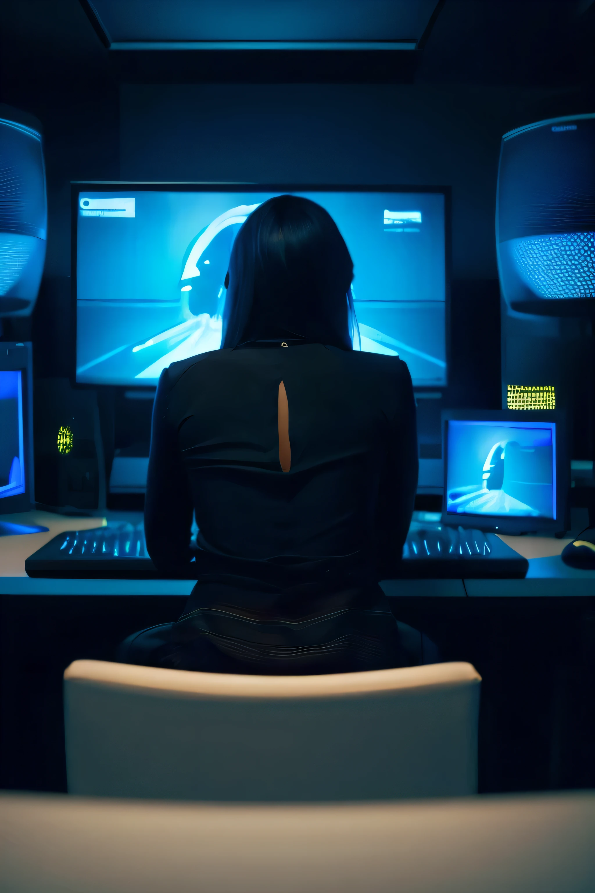 Image of a dark, blue room with about 100 monitors Rear view of a woman looking at a monitor The inside of the monitor is watching the room.