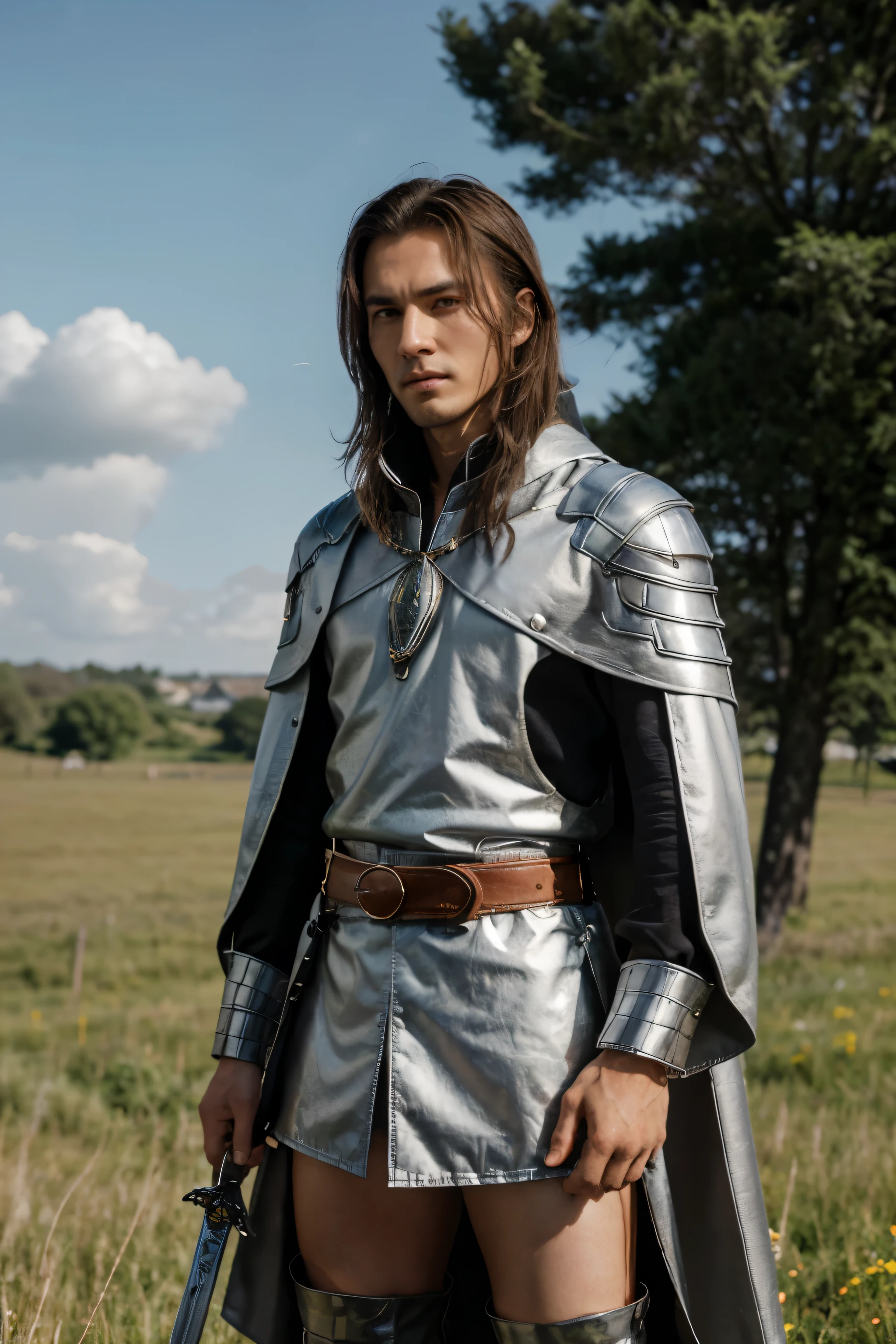 A man with the title of Lord。Strong as a plantain、He wears a sword on his belt.。Have light brown hair。eyes are black、nose is a little high。Wearing a silver ring。is wearing a jacket、with short pants、Wearing a cloak。slightly taller。standing in a sunny meadow。