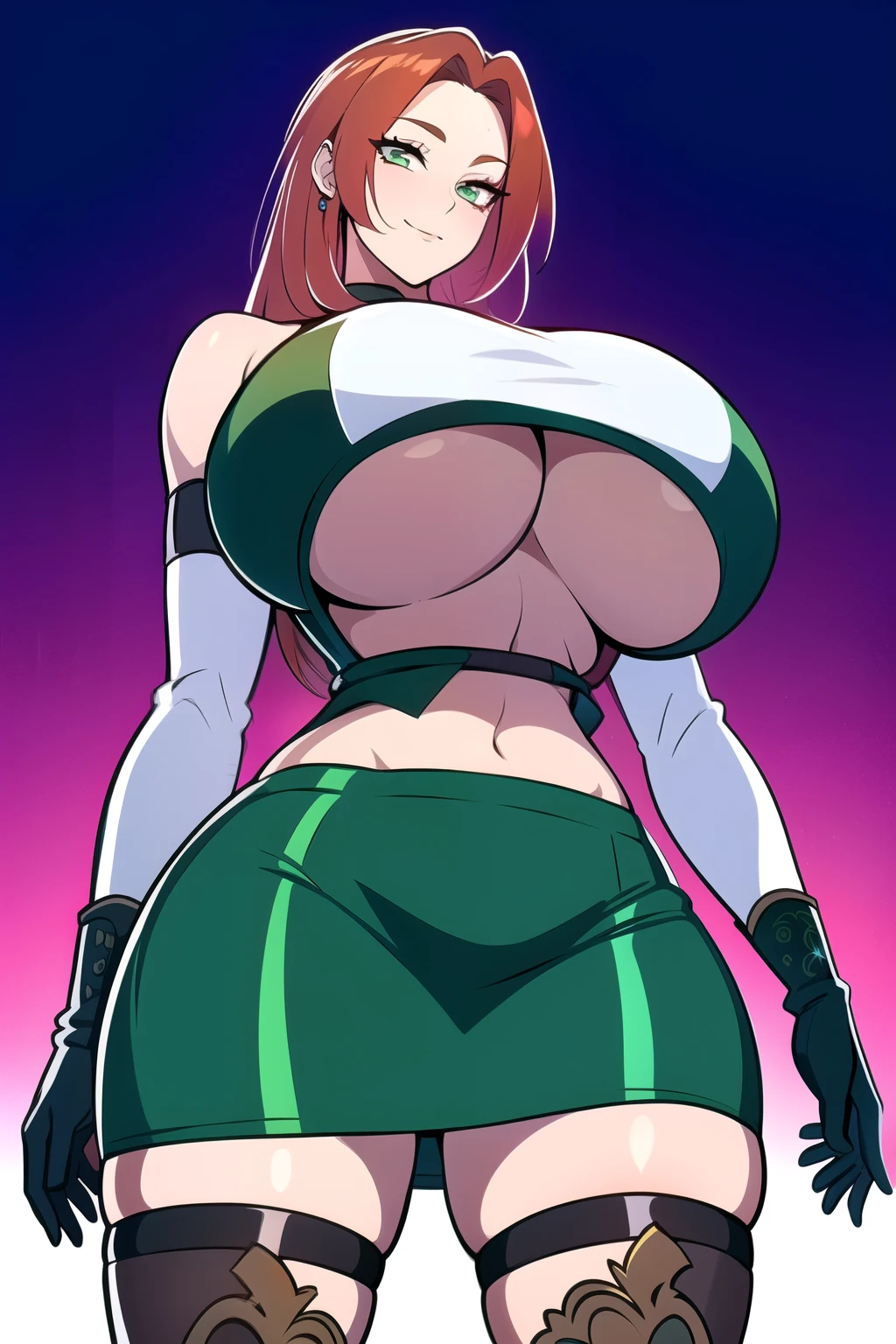 ultra realistic 8k cg, masterpiece, ((ultra detailed background, intricate detail, highly detailed, fine details best quality, hyperdetailed face)), gigantic breasts ,beautiful lighting, absurdres, BoaHancockV2, 1girl, solo, (orange hair :1.4), long hair, jewelry, closed mouth, ), ((black crop top : 1.1), (underboob : 1.4), elbow gloves, thigh boots, split skirt, bare shoulders, curvy, midriff, curvy, thighs, shiny clothes), (green eyes : 1.4), complex detailed background, inside, luxury palace), ((cowboy shot)), curvy, (gigantic breasts: 1.1), seductive smile, cowboy shot,