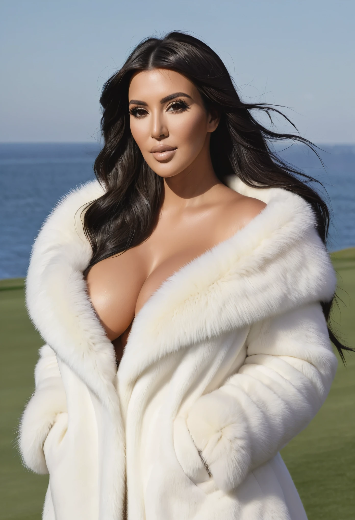 A very wide and very thick, manteau de fourrure en vison blanc, fifty centimeters thick, duveteux, naturel, with an ultra thick white mink fur collar, three layers, sur Kim Kardashian, fully nude profile view, bare shoulders, and two large breast discovered by the fur, at sunny Pebble Beach golf