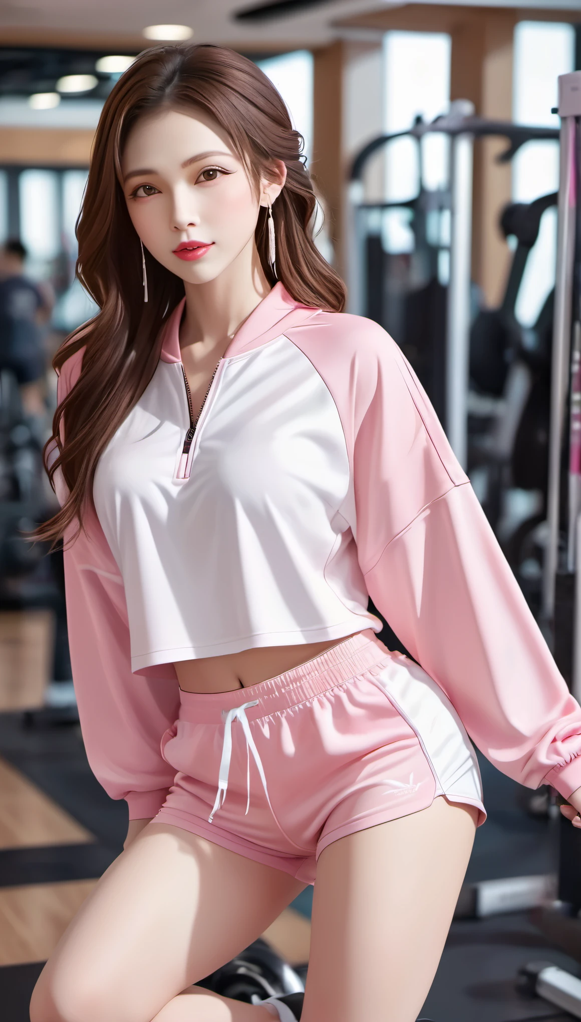 (masterpiece, best quality:1.2),1 girl, alone,Exquisite hair color,Eyes are very delicate,( Wearing pink and white sexy shorts and tracksuit:1.2),too big,glowing skin,earrings(((excited expression)))blush,in the gym,Perfect body,pink lips
