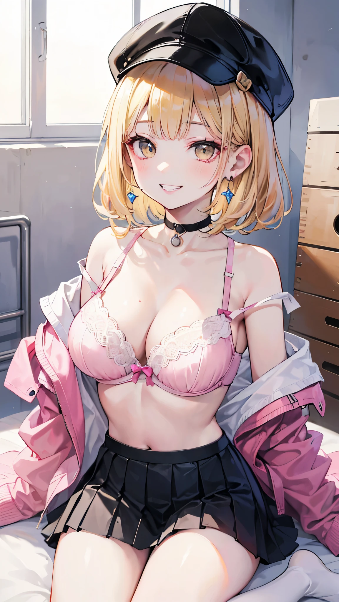 (8K、Highest image quality、highest quality、masterpiece)、detailed face、1 girl、((gyaru))、((blonde))、short hair、gray eyes、evil smile、((grin))、((pink lip))、earrings、choker、big breasts、((open white shirt))、((off shoulder))、((yellow bra:1.1))、((black pleated skirt))、kneeling、Gym storeroom