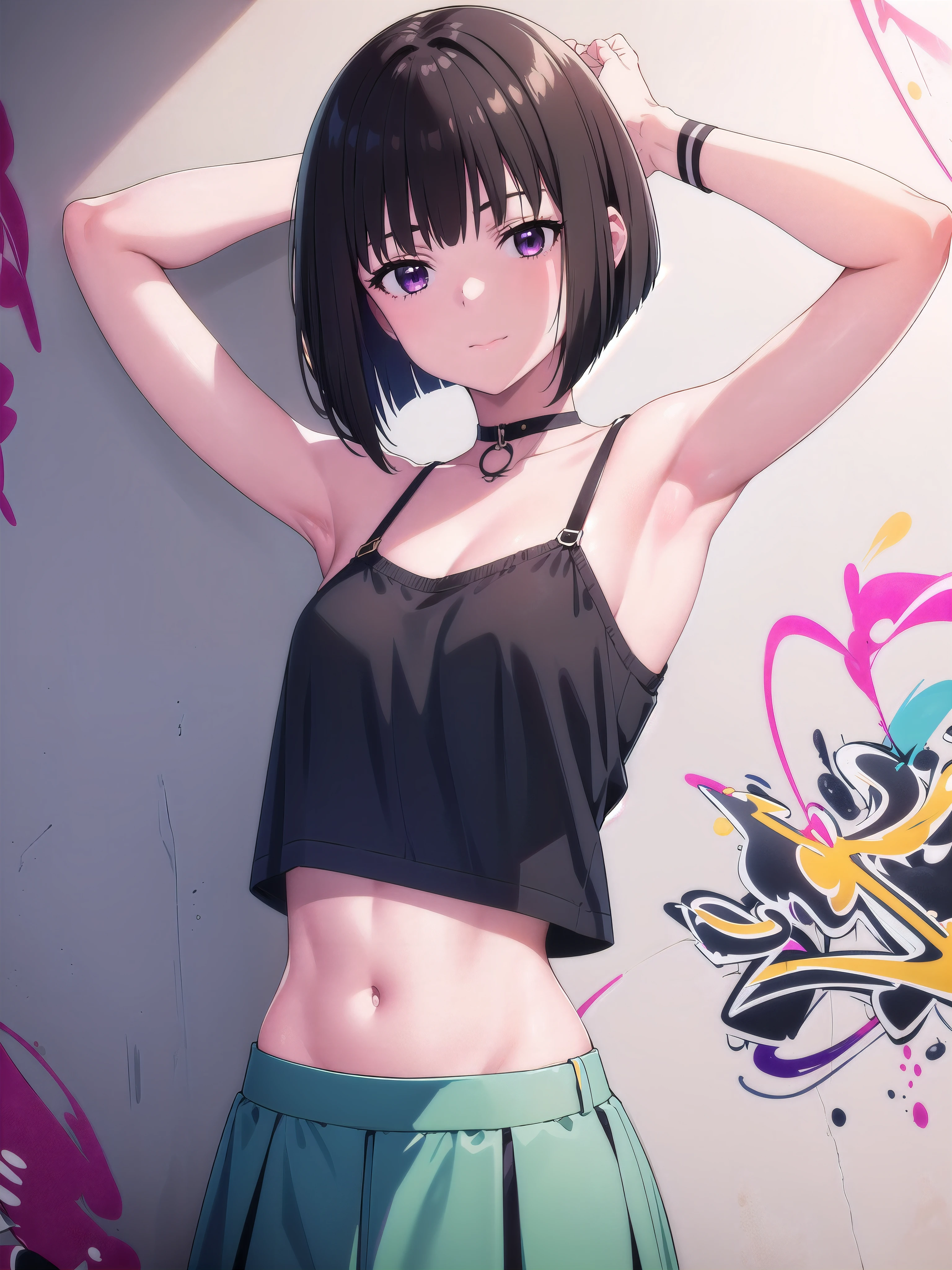 masterpiece, best quality, 1girl, solo, stylish crop top, smile, vibrant short black hair, bobhair, short-hair, short bob hair, (((bobcut))), bob haircut, very short bob cut, lip length hair, blunt ends, (sciled bob), buzzed nape ((haircut:1.3)), undercut, bobbed hair, minibob, sidecut, shaved, purple eyes, graduation bob, straight short hair, short hair above the ears,  (showing armpit:1.3), Shot diagonally from the side, elegant braid, soft bangs, upper body, alluring choker, (graffiti:1.5), artistic paint splatter, seductive arms behind back, leaning against wall, exposed back, fashionable armband, urban hiphop style, flirty skirt, playful head tilt, intense expression, warm orange, dynamic asymmetrical design, bold geometric shapes, creative street art