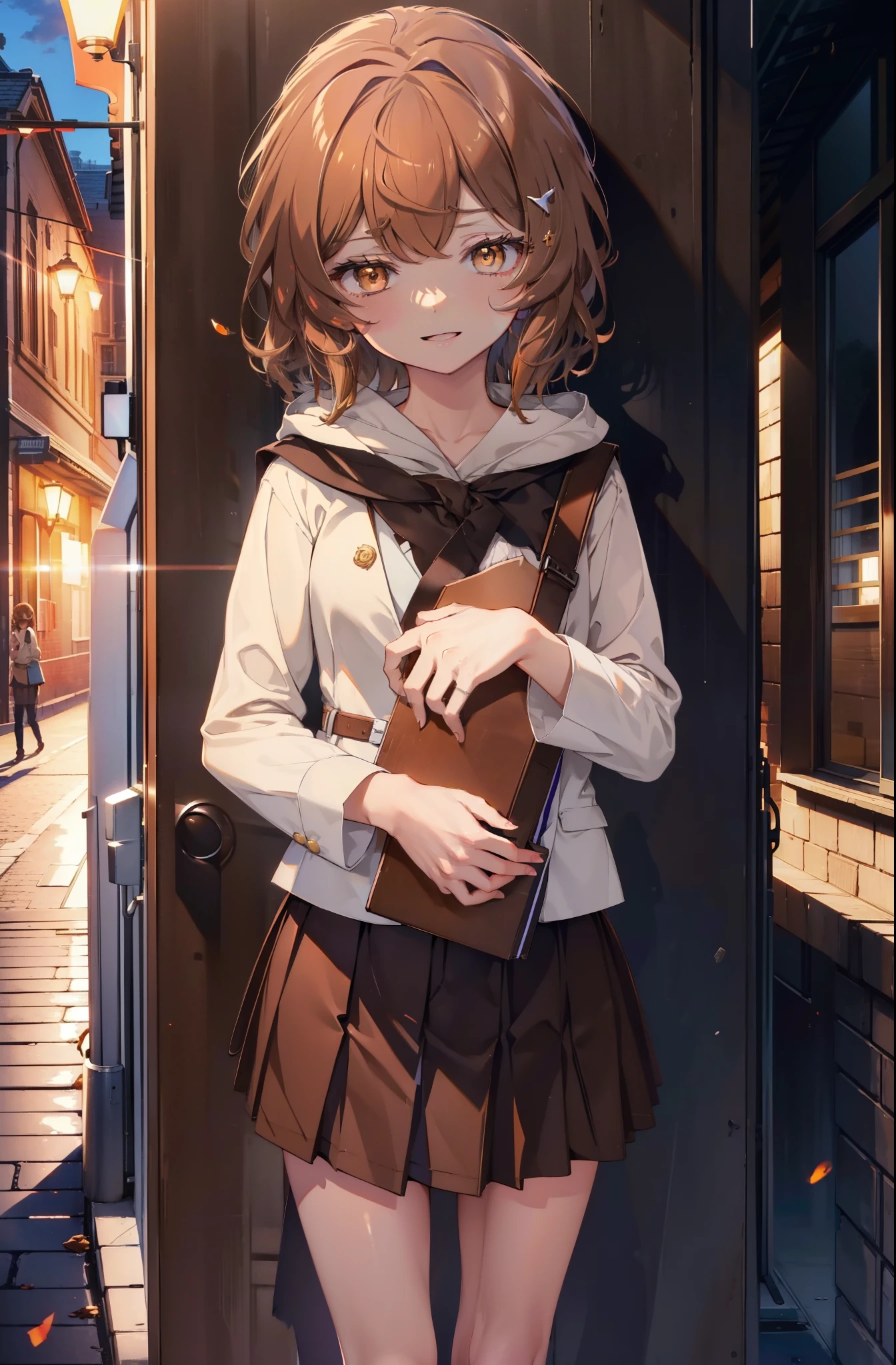 lil card, Liliruka gets burned, (brown eyes:1.7), brown hair, (flat chest:1.2),happy smile, smile, open your mouth, short hair,white Y-shirt,brown blazer,Brown pleated skirt,black pantyhose,brown loafers,evening,sunset,
break looking at viewer,
break outdoors,In town,building street,
break (masterpiece:1.2), highest quality, High resolution, unity 8k wallpaper, (shape:0.8), (fine and beautiful eyes:1.6), highly detailed face, perfect lighting, Very detailed CG, (perfect hands, perfect anatomy),