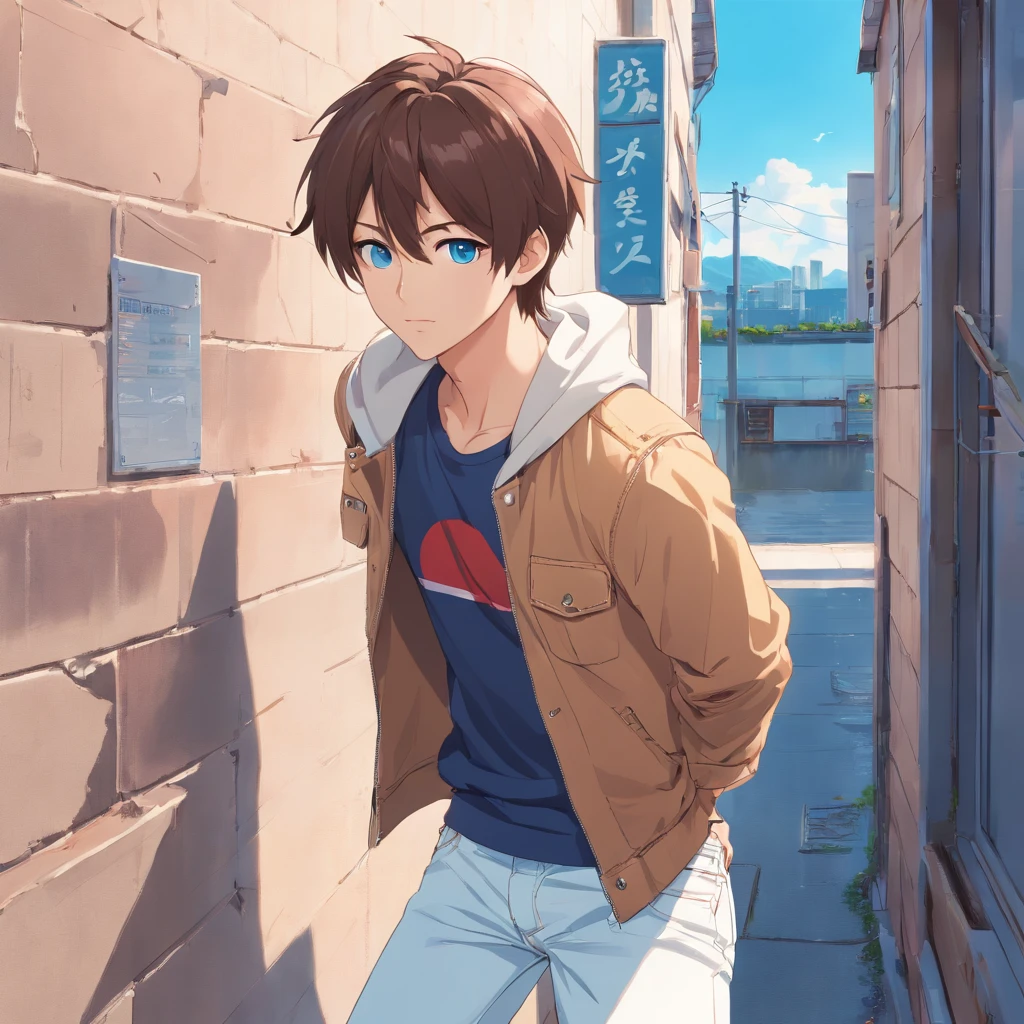 Alafed male model in white jeans and denim jacket leaning against wall, Korean Man, jinyoung tibia, korean muscular boy, model with attractive body, Cai Xukun, taejune kim, male model, siWoo Kim, inspiré de Joong Keun Lee, Hyuntae, inspiré par Jeonseok Lee, Sun Hyuk Kim, avec des abdos, brown hair with a red streak, cyan blue eyes and a tanned complexion