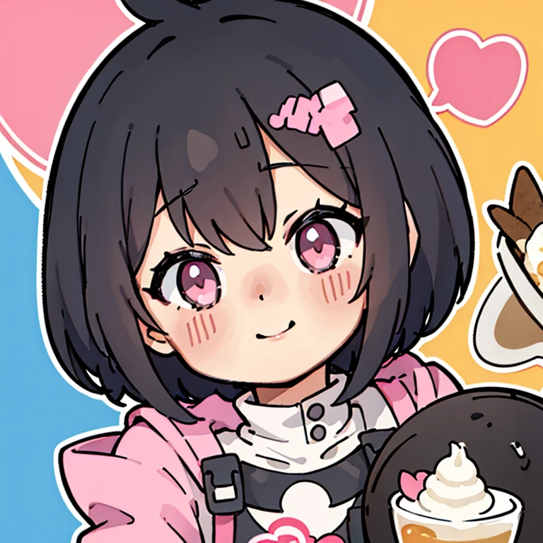 One person, black hair, Bangs, short hair, pink clip hair, happy face, Cute clothes, dessert 