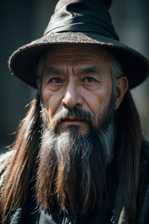A portrait oF a wizard, bearded, wrinkle, weathered, sharp eyes, detailed Face, high detail, photography, dark studio, rim light, Nikon D850, 50mm, F/1.4 Chinese Taoist old man