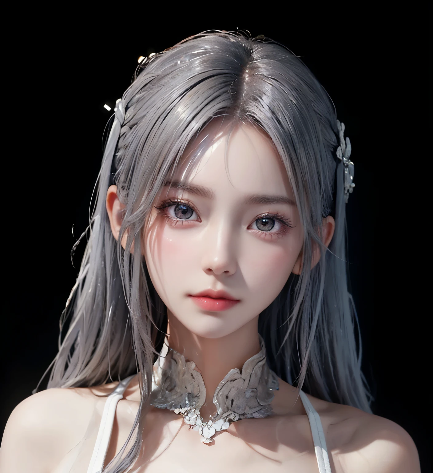 girl, beautiful face, high detailed real eye, beautiful pupil, double eyelid, silver color hair, high detailed real skin, high quality skin, beautiful skin, masterpiece,