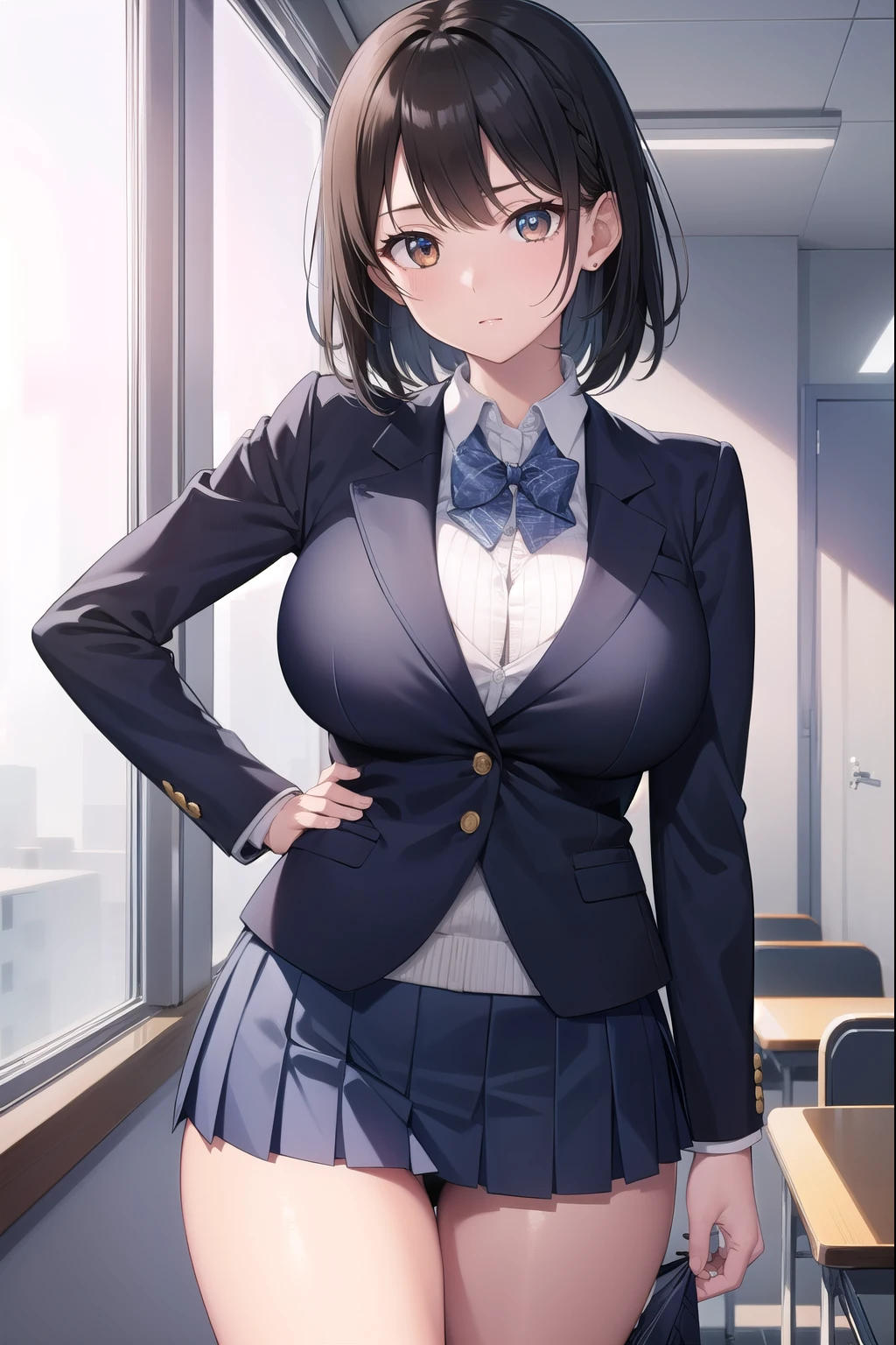 black hair, (brown eyes:1.5), (shot hair:1.6), (turning around:1.6), (running:1.4),
BREAK blazer, blue skirt, jacket, otonokizaka , pleated skirt, , winter uniform, (short skirt:1.6), (micro skirt:1.6), (big breasts:1.6), (slender:1.4), (thong:1.6),
BREAK looking at viewer,
BREAK indoors, classroom,
BREAK (masterpiece:1.2), best quality, high resolution, unity 8k wallpaper, (illustration:0.8), (beautiful detailed eyes:1.6), extremely detailed face, perfect lighting, extremely detailed CG, (perfect hands, perfect anatomy),