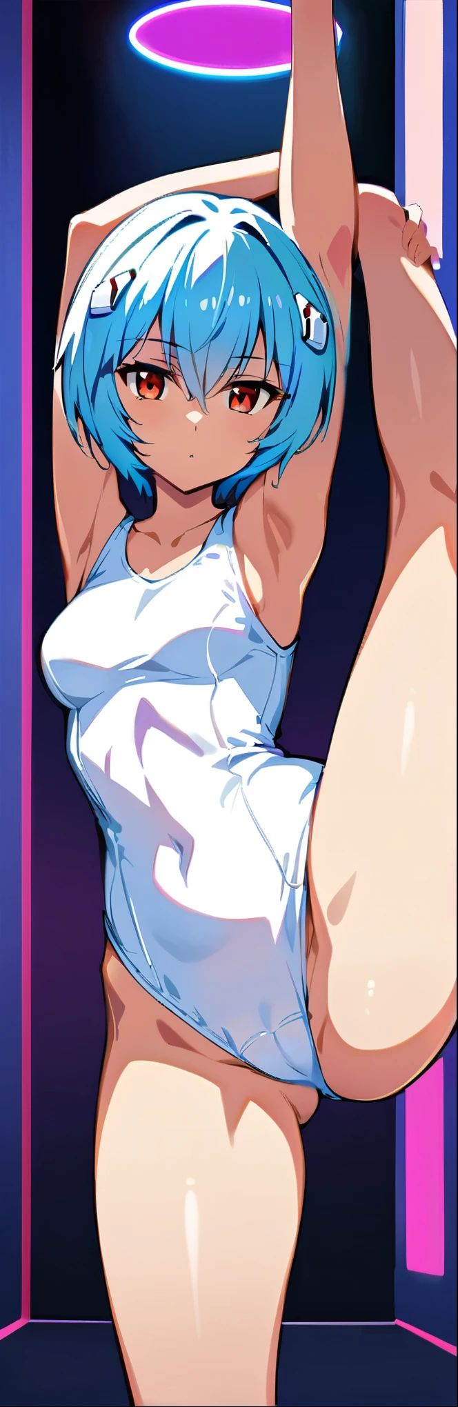 snfw,(highest quality:1.2),1 girl,alone,Are standing_Split,AYANAMI REI,(white school swimsuit:1.2)、short hair,blue hair,bangs,interface headset,hair between eyes,pixelated background,neon light,SF color scheme,Bright colors,metallic texture,detailed shading,Holographic interface,dark atmosphere,high contrast,sharp focus,twig of hair,Reflective surface,exquisite details,High resolution,studio lighting,Red accents,Illuminated environment,artificial intelligence assistant、camel toe