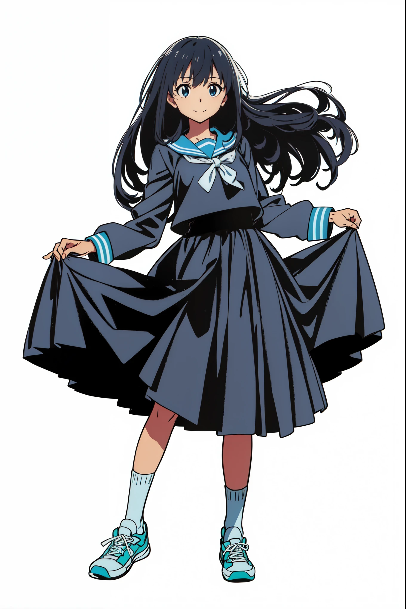 (cheerful:1.5), (light smile:1.5), (white background:1.0), (best quality:1.0), (masterpiece:1.0), (super fine illustration:1.0), (beautiful artwork:1.0), (anime screencap:1.0), (official art:1.0), (solo:1.0), (JHSGA:1.0), (a 15yo cute girl:1.0), (long skirt:1.0), (dark blue skirt:1.0), (pleated skirt:1.0), (dark blue sailor uniform:1.0), (long sleeve sailor uniform:1.0), (sneakers:1.0), (white socks:1.0), (ideal ratio body proportions:1.5), (lanky:1.5), (tall:1.5), (slender:1.5), (small breasts:1.5), (smaller face:1.5), (tareme:1.0), (detailed beautiful eyes:1.0), (detailed beautiful face:1.0), (glowing black eyes:1.0), (medium hair:1.0), (black hair:1.0), (standing:1.0), (looking at viewer:1.0)