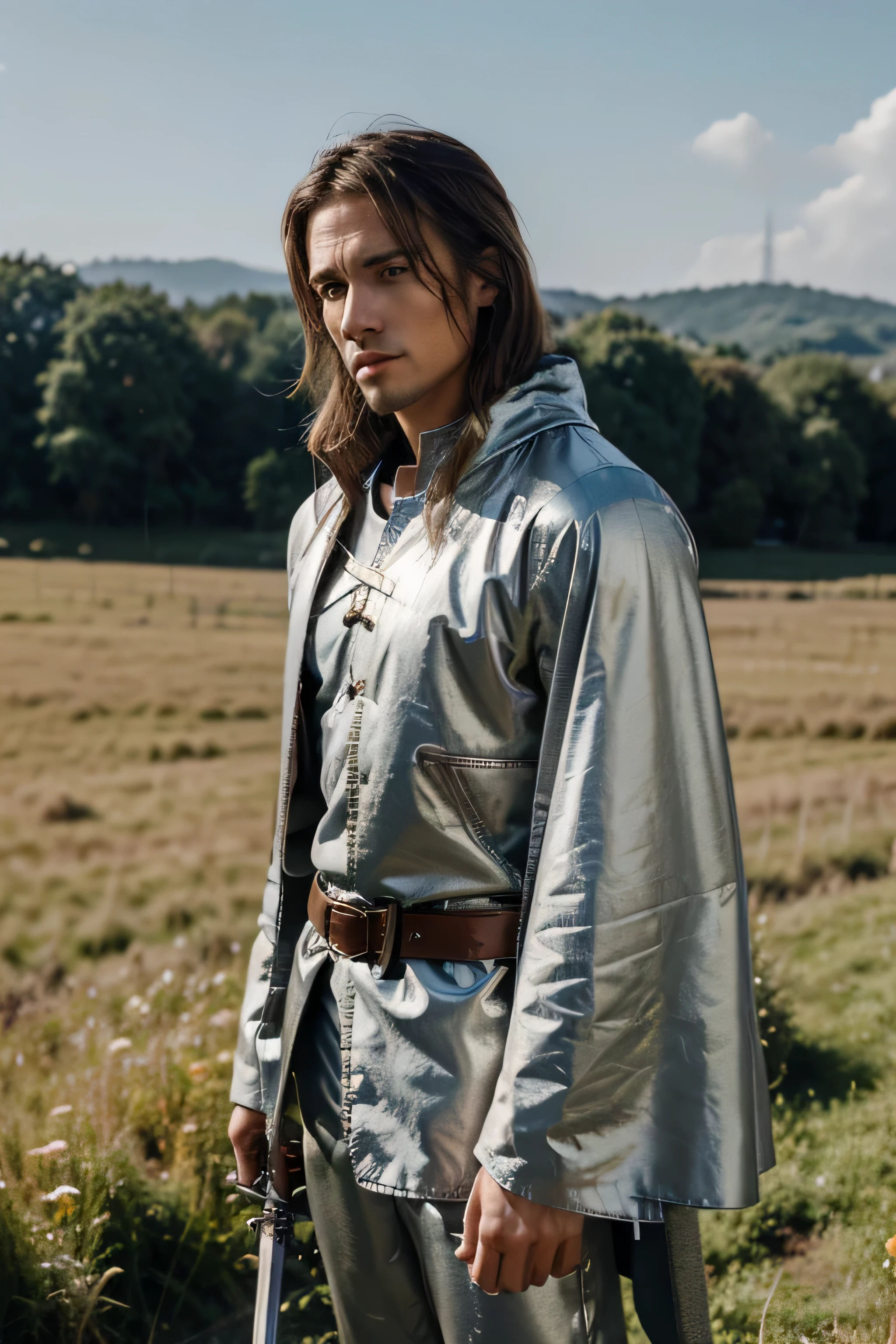 A man with the title of Lord。Strong as a plantain、He wears a sword on his belt.。Have light brown hair。eyes are black、nose is a little high。Wearing a silver ring。is wearing a jacket、with short pants、Wearing a cloak。slightly taller。standing in a sunny meadow。European。