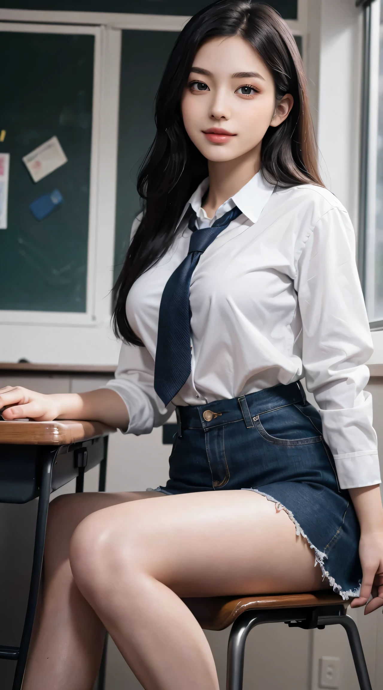 8K, RAW photo, highest quality, masterpiece: 1.2),(best quality，8K, yes，32k，masterpiece，hyper hd：1.2) , 20-year-old, arafed asian woman sitting on a desk In the classroom, a hyperreal high school girl, hyperreal high school girl, cute high school girl, real high school girl, korean girl, of posing, gorgeous young korean woman, , In the classroom, wearing , beautiful korean woman, beautiful asian girl, Nam Jae Young, wearing Japanese , sexy pose
