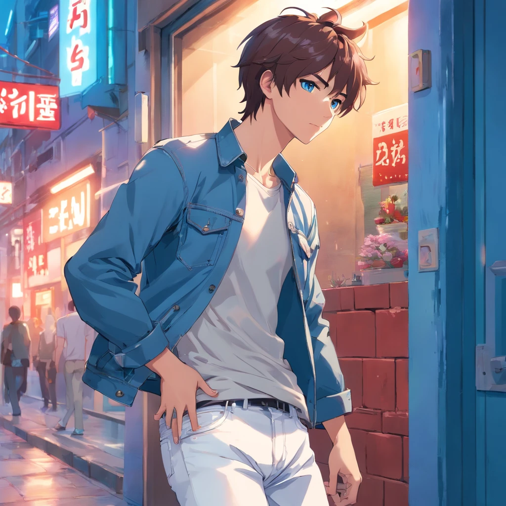 Alafed male model in white jeans and denim jacket leaning against wall, Korean Man, jinyoung tibia, korean muscular boy, model with attractive body, Cai Xukun, taejune kim, male model, siWoo Kim, inspiré de Joong Keun Lee, Hyuntae, inspiré par Jeonseok Lee, Sun Hyuk Kim, avec des abdos, cheveux brun avec une red wick, cyan blue eyes and a tanned complexion, red wick