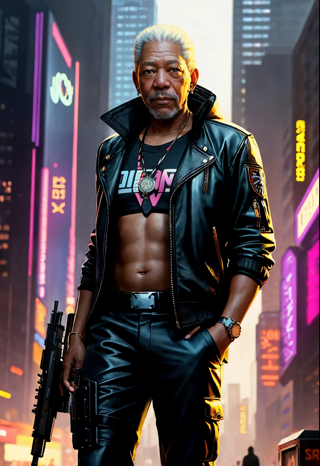 a painting of a (Morgan Freeman), background, style of cyberpunk 2077, band of gold round his breasts