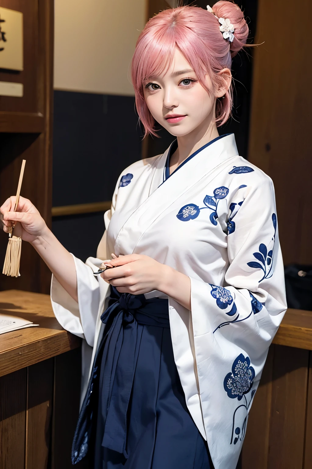 (8K, highest quality, masterpiece:1,2), (realistic, Photoreal:1.37), Super detailed, one girl,), (very detailed), (detailed and beautiful eyes), (highest qualityの), (Super detailed ), (masterpiece), (detailed face),20-year-old, ,1 girl, ((pink hair,very short hair)), medium breasts, dressed, perfect lighting, break  (navy blue haori:1.3), (white collar:1.2), (three quarter sleeves:1.2), (white kimono:1.4), (nature motif pattern:1.2), (navy blue hakama:1.3), (Ankle length:1.2), (The hem is not too wide either、:1.2), (white obi:1.4), (simple knot:1.2), (white foot bag:1.2), (Black geta:1.2), (low height:1.2), (Easy to walk:1.2), (bun hair:1.2), (hair ornaments:1.2), (flowers and pieces of paper:1.2), break bun hair, flowers and pieces of paper hair ornaments, smile, friendly, looking at camera, hold soba with right hand, Holding chopsticks with left hand, Please do not put soup on the soba., In front of the soba shop counter, Wall with menu and photos, Natural light, Adding soft shadows to the face

