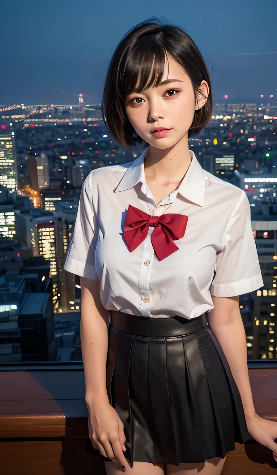 (8K, Raw photo, highest quality, masterpiece:1.2), (realistic, photo-realistic:1.37), Super detailed,
1 girl,cute, alone,beautiful detailed sky,Detailed Tokyo cityscape,night,
medium breasts,detailed and beautiful eyes,(collared shirt:1.1), bow tie,pleated skirt,(short hair:1.2),floating hair