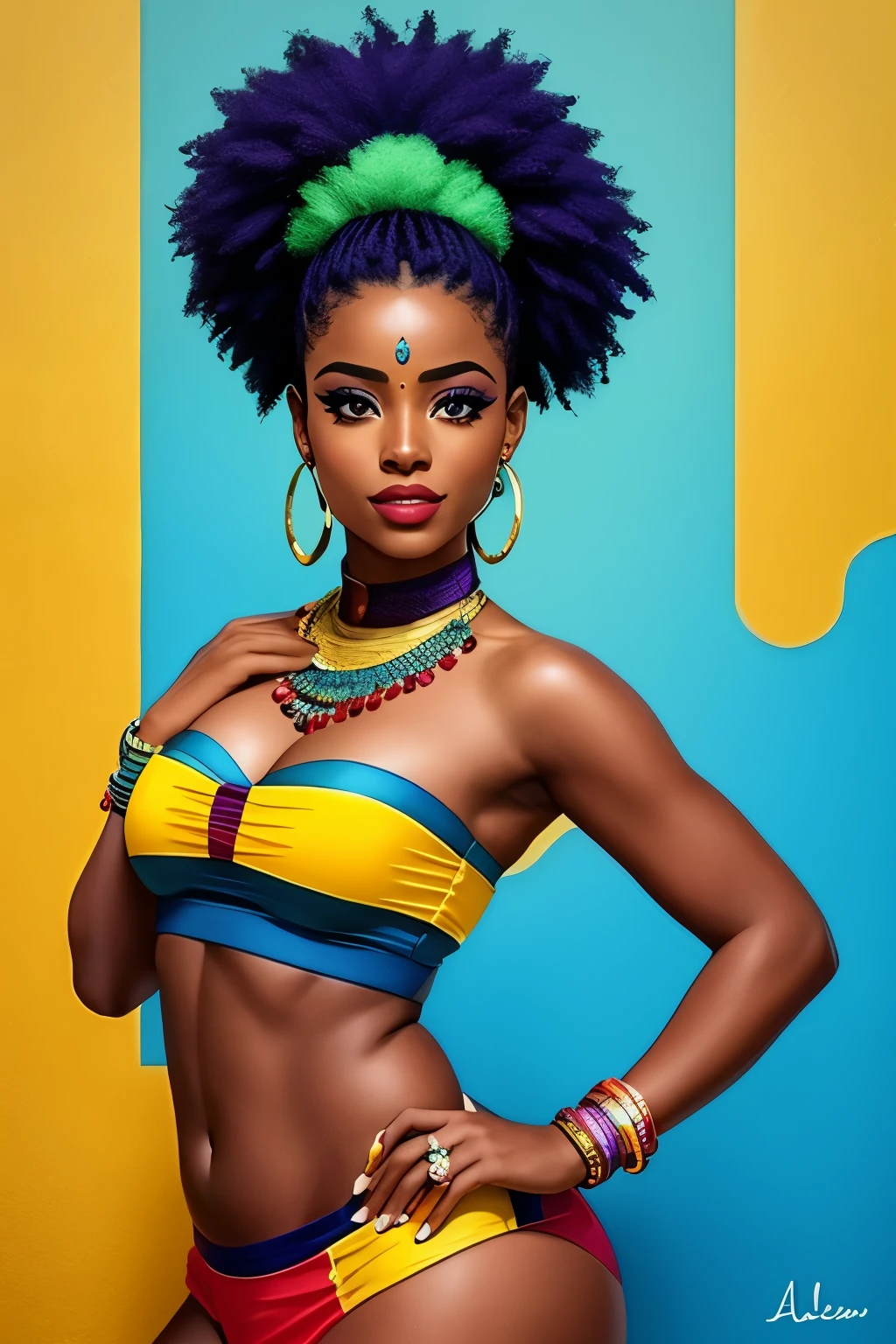 description: Gere uma imagem da Harley quinn (corpo inteiro)with totally African characteristics, incluindo pele escura, cabelo enrolado e colorido.)

Instructions for generating the image:
1. A Arlequina deve ser representada como uma mulher (africana, com pele escura )and facial features that reflect the ethnic and cultural diversity of the African continent.
2. Seu cabelo deve ser naturalmente (enrolado, com cachos definidos e cheios), demonstrando a beleza dos diferentes estilos e texturas de cabelo afro.
3. Hair coloring should be vibrant, usando cores como azul, rosa, verde ou roxo, que combinem harmoniosamente com sua (pele escura )e realcem sua personalidade marcante.
4. Ela deve estar vestindo um traje de batalha)na personagem original da Arlequina, with a predominance of black and red colors, azul,amarelo e rosa,but with elements that value the richness of cultural traditions( africanas.)
5. Harley Quinn's pose should be dynamic, reflecting his outgoing and energetic personality,sorridente) and allowing you to highlight your African identity with confidence.
6. O fundo da imagem pode ser uma paisagem urbana, allusion to a cyber punk city t, or any scenery that refers to the bustling city, mas com elementos que possam representar a cultura africana de forma respeitosa, respeitoso, Sensitive and respectful way;, avoid stereotypes and cultural appropriation. Enfatize a beleza e a diversidade da cultura africana, proporcionando uma imagem empoderadora da Arlequina.

Contar: Use sensory descriptions to enhance the image, destacando a (textura do cabelo,) os detalhes do traje, the facial expression and atmosphere of the scenery.
 da Arlequina; 32k,ultra realista