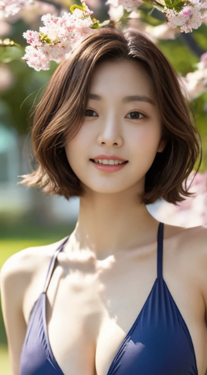 Cherry tree、swimsuit、open chest、I'm not wearing anything inside、whole body、NiziUAYAKA、 4K、1people's women、slender、 Loose wavy styling 、seductive and attractive、Including face and skin texture.,detailed eyes、A soothing expression with a smile
