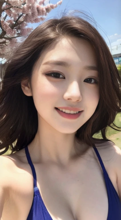 Cherry tree、swimsuit、open chest、I'm not wearing anything inside、whole body、NiziUAYAKA、 4K、1people's women、slender、 Loose wavy styling 、seductive and attractive、Including face and skin texture.,detailed eyes、A soothing expression with a smile
