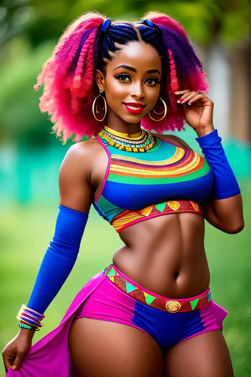 description: Gere uma imagem da Harley quinn (corpo inteiro)with totally African characteristics, incluindo pele escura, cabelo enrolado e colorido.)

Instructions for generating the image:
1. A Arlequina deve ser representada como uma mulher (africana, com pele escura )and facial features that reflect the ethnic and cultural diversity of the African continent.
2. Seu cabelo deve ser naturalmente (enrolado, com cachos definidos e cheios), demonstrando a beleza dos diferentes estilos e texturas de cabelo afro.
3. Hair coloring should be vibrant, usando cores como azul, rosa, verde ou roxo, que combinem harmoniosamente com sua (pele escura )e realcem sua personalidade marcante.
4. Ela deve estar vestindo um traje de batalha)na personagem original da Arlequina, with a predominance of black and red colors, azul,amarelo e rosa,but with elements that value the richness of cultural traditions( africanas.)
5. Harley Quinn's pose should be dynamic, reflecting his outgoing and energetic personality,sorridente) and allowing you to highlight your African identity with confidence.
6. O fundo da imagem pode ser uma paisagem urbana, allusion to a cyber punk city t, or any scenery that refers to the bustling city, mas com elementos que possam representar a cultura africana de forma respeitosa, respeitoso, Sensitive and respectful way;, avoid stereotypes and cultural appropriation. Enfatize a beleza e a diversidade da cultura africana, proporcionando uma imagem empoderadora da Arlequina.

Contar: Use sensory descriptions to enhance the image, destacando a (textura do cabelo,) os detalhes do traje, the facial expression and atmosphere of the scenery.
 da Arlequina; 32k,ultra realista