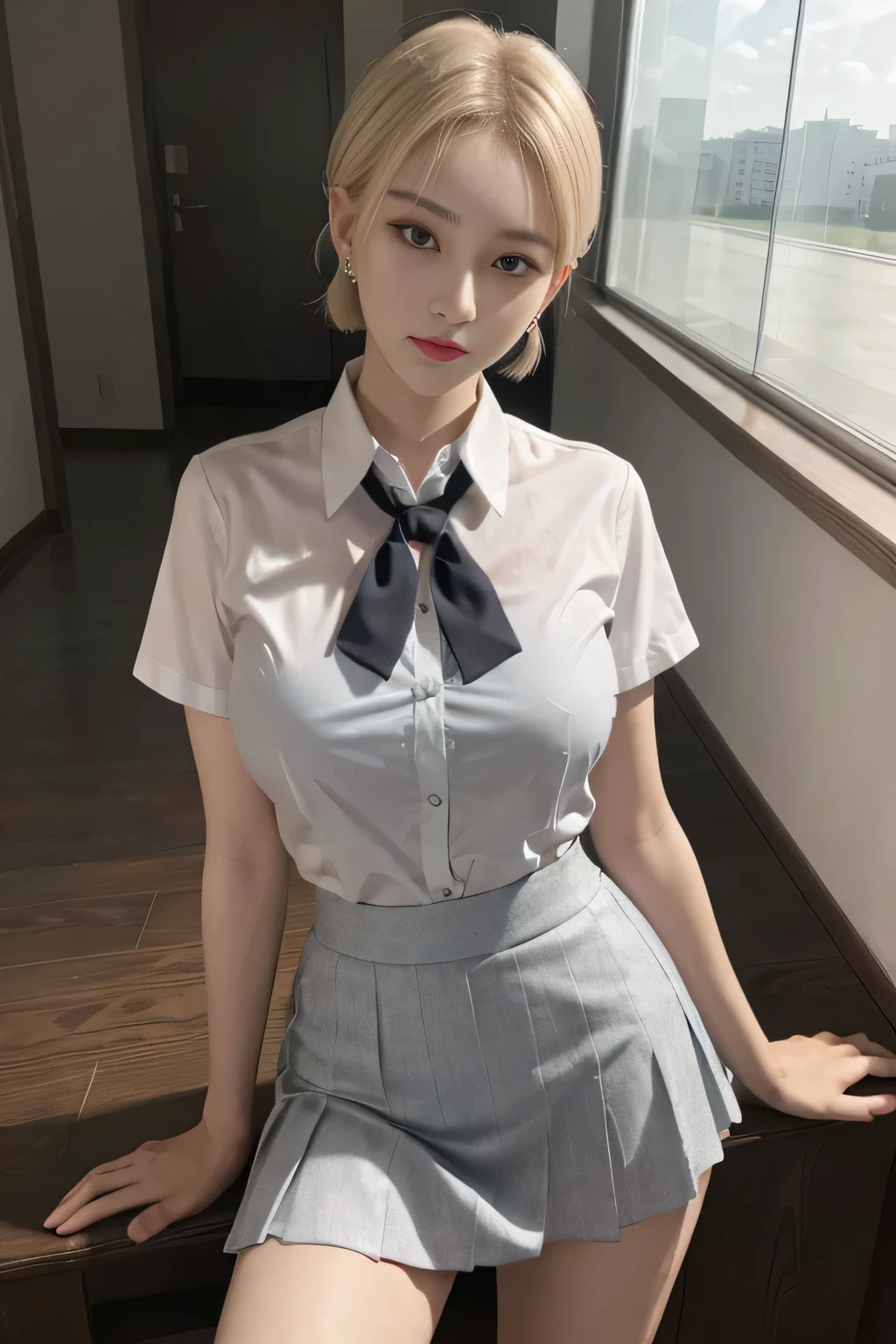 korean , summer shirt, ribbon tie, skirt, school classroom, school stairs, Pose that sticks out the chest, Breast-revealing pose, 8k RAW photo, High resolution, 16 year old cool korean, very big round breasts, Beautiful eyes in detail, long eyelashes, beautiful double eyelids, eye shadow, eyeliner, cut eye, elongated eye shape, Three white eyes, evil smile, evil look, very slender and beautiful legs, Beautiful very thin thighs, random short hair, hair tied at the back of the head, earrings, bright blonde, gray eyes