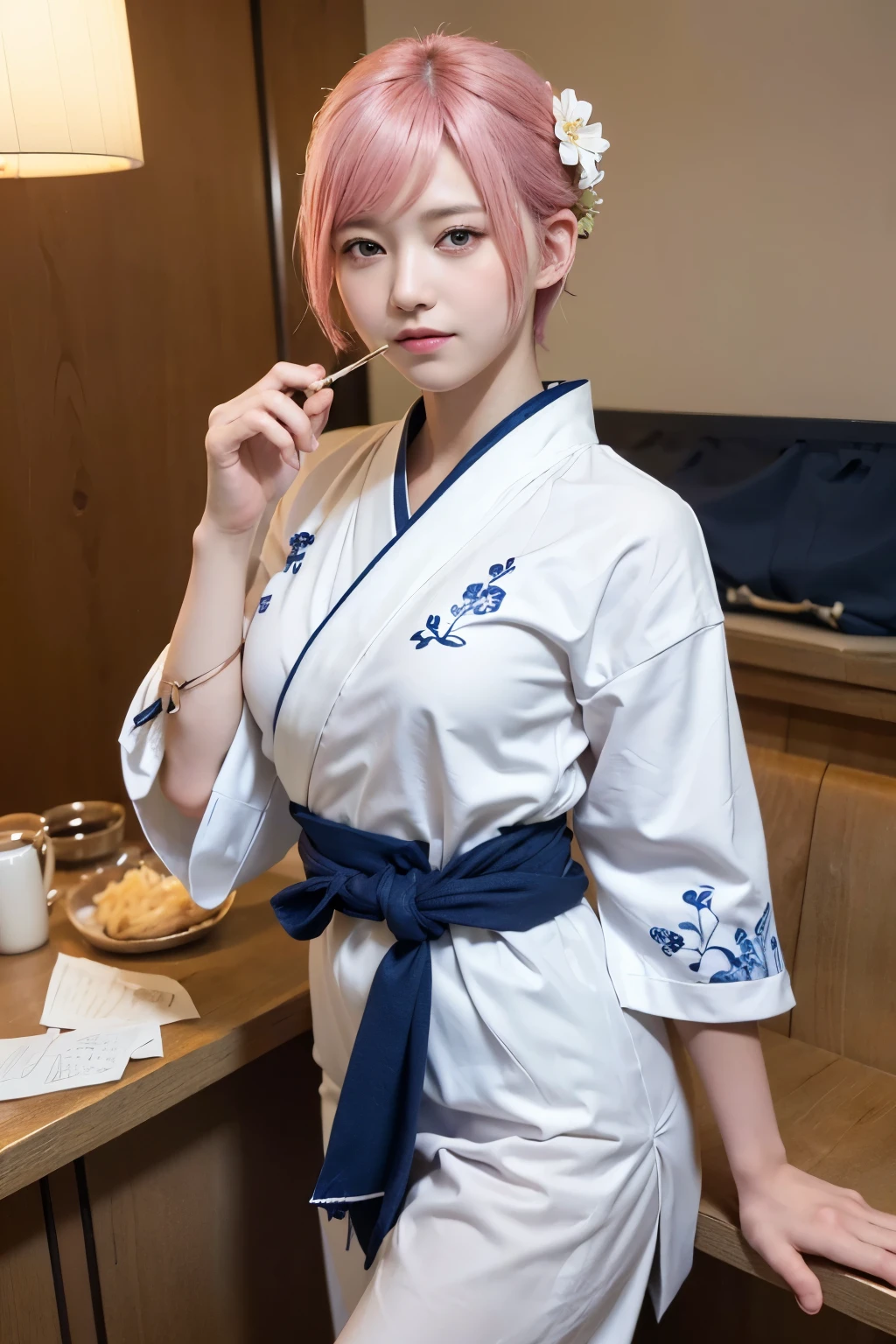 (8K, highest quality, masterpiece:1,2), (realistic, Photoreal:1.37), Super detailed, one girl,), (very detailed), (detailed and beautiful eyes), (highest qualityの), (Super detailed ), (masterpiece), (detailed face),20-year-old, ,1 girl, ((pink hair,very short hair)), medium breasts, dressed, perfect lighting, break (navy blue haori:1.3), (white collar:1.2), (three quarter sleeves:1.2), (white kimono:1.4), (nature motif pattern:1.2), (navy blue hakama:1.3), (Ankle length:1.2), (The hem is not too wide either、:1.2), (white obi:1.4), (simple knot:1.2), (white foot bag:1.2), (Black geta:1.2), (low height:1.2), (Easy to walk:1.2), (bun hair:1.2), (hair ornaments:1.2), (flowers and pieces of paper:1.2), break bun hair, flowers and pieces of paper hair ornaments, smile, friendly, looking at camera, hold soba with right hand, Holding chopsticks with left hand, Please do not put soup on the soba., In front of the soba shop counter, Wall with menu and photos, Natural light, Adding soft shadows to the face