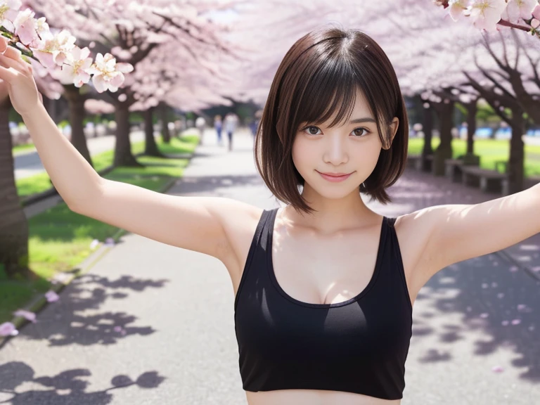 (Close-up of a girl with small breasts and short hair in a tank top:1.5)、(The girl spreads her arms wide with a small smile、Let your hair fly in the wind :1.5)、(Rows of cherry blossom trees in full bloom and cherry blossom petals dancing in the wind:1.5)、(perfect anatomy:1.3)、(no mask:1.3)、(full finger:1.3)、(cleavage)、realistic、photo shoot、table top、highest quality、High resolution, delicate and beautiful、perfect face、detailed and beautiful eyes、Fair skin、real human skin、pores、((thin legs))、(black hair)