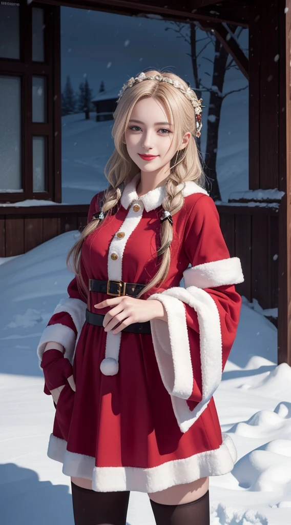 (Aesthetic, High Resolution: 1.2), full-body portrait of a beautiful 20-year-old woman wearing an intricately detailed red boby Santa Claus costume, symmetrical costume structure, bright clear eyes, happy smile, changing hairstyle, falling snow, snow in hair. Professional photographer, minimalism, conceptual art, intricate detail, 8k post-production, High Definition, Ultra Detail, trending on ArtStation, sharp focus, artistic dark studio photos, details Intricate details, Highly detailed, By Greg Rutkowski, professional light and dark art, Vibrant colors. Outdoor winter scene with snow in the evening, A slight smile, True art, many hairstyles and color changes, Passionate mood, Seductive expressions, Sexy lips, Wet lips, Eyes seductive aim, seductive appearance, seductive posture.