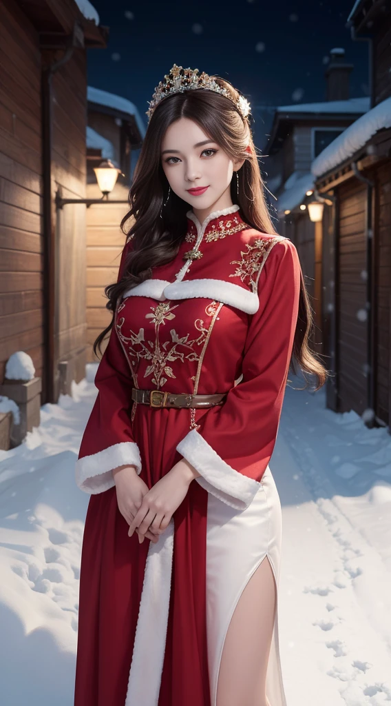 (Aesthetic, High Resolution: 1.2), full-body portrait of a beautiful 20-year-old woman wearing an intricately detailed red boby Santa Claus costume, symmetrical costume structure, bright clear eyes, happy smile, changing hairstyle, falling snow, snow in hair. Professional photographer, minimalism, conceptual art, intricate detail, 8k post-production, High Definition, Ultra Detail, trending on ArtStation, sharp focus, artistic dark studio photos, details Intricate details, Highly detailed, By Greg Rutkowski, professional light and dark art, Vibrant colors. Outdoor winter scene with snow in the evening, A slight smile, True art, many hairstyles and color changes, Passionate mood, Seductive expressions, Sexy lips, Wet lips, Eyes seductive aim, seductive appearance, seductive posture.