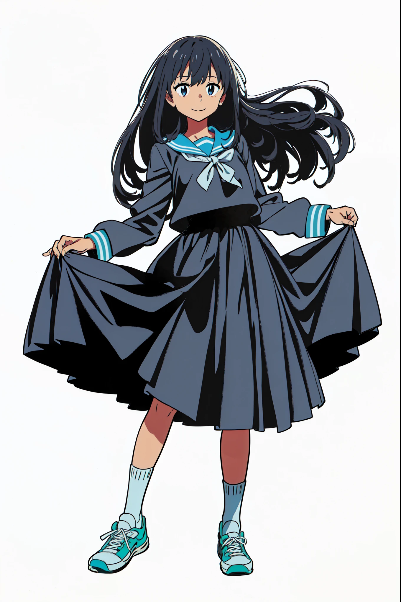(cheerful:1.5), (light smile:1.5), (white background:1.0), (best quality:1.0), (masterpiece:1.0), (super fine illustration:1.0), (beautiful artwork:1.0), (anime screencap:1.0), (official art:1.0), (solo:1.0), (JHSGA:1.0), (a 15yo cute girl:1.0), (long skirt:1.0), (dark blue skirt:1.0), (pleated skirt:1.0), (dark blue sailor uniform:1.0), (long sleeve sailor uniform:1.0), (sneakers:1.0), (white socks:1.0), (ideal ratio body proportions:1.5), (lanky:1.5), (tall:1.5), (slender:1.5), (small breasts:1.5), (smaller face:1.5), (tareme:1.0), (detailed beautiful eyes:1.0), (detailed beautiful face:1.0), (glowing black eyes:1.0), (medium hair:1.0), (black hair:1.0), (standing:1.0), (looking at viewer:1.0)