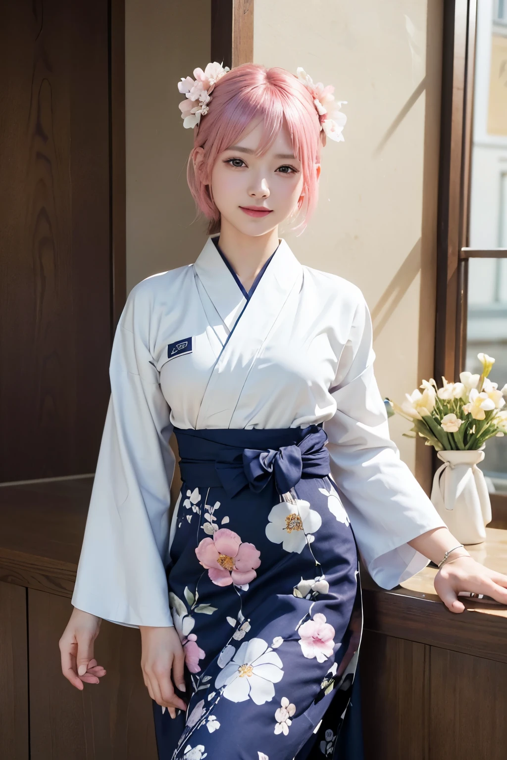 (8K, highest quality, masterpiece:1,2), (realistic, Photoreal:1.37), Super detailed, one girl,), (very detailed), (detailed and beautiful eyes), (highest qualityの), (Super detailed ), (masterpiece), (detailed face),20-year-old, ,1 girl, ((pink hair,very short hair)), medium breasts, dressed, perfect lighting, break  (navy blue haori:1.3), (white collar:1.2), (three quarter sleeves:1.2), (white kimono:1.4), (nature motif pattern:1.2), (navy blue hakama:1.3), (Ankle length:1.2), (The hem is not too wide either、:1.2), (white obi:1.4), (simple knot:1.2), (white foot bag:1.2), (Black geta:1.2), (low height:1.2), (Easy to walk:1.2), (bun hair:1.2), (hair ornaments:1.2), (flowers and pieces of paper:1.2), break bun hair, flowers and pieces of paper hair ornaments, smile, friendly, looking at camera, hold soba with right hand, Holding chopsticks with left hand, Please do not put soup on the soba., In front of the soba shop counter, Wall with menu and photos, Natural light, Adding soft shadows to the face
