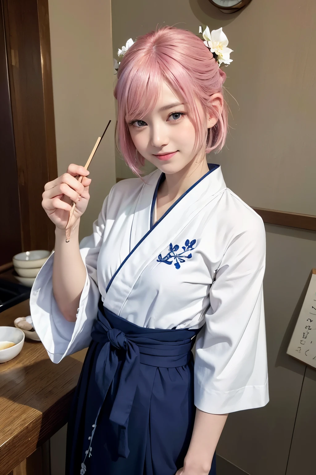 (8K, highest quality, masterpiece:1,2), (realistic, Photoreal:1.37), Super detailed, one girl,), (very detailed), (detailed and beautiful eyes), (highest qualityの), (Super detailed ), (masterpiece), (detailed face),20-year-old, ,1 girl, ((pink hair,very short hair)), medium breasts, dressed, perfect lighting, break (navy blue haori:1.3), (white collar:1.2), (three quarter sleeves:1.2), (white kimono:1.4), (nature motif pattern:1.2), (navy blue hakama:1.3), (Ankle length:1.2), (The hem is not too wide either、:1.2), (white obi:1.4), (simple knot:1.2), (white foot bag:1.2), (Black geta:1.2), (low height:1.2), (Easy to walk:1.2), (bun hair:1.2), (hair ornaments:1.2), (flowers and pieces of paper:1.2), break bun hair, flowers and pieces of paper hair ornaments, smile, friendly, looking at camera, hold soba with right hand, Holding chopsticks with left hand, Please do not put soup on the soba., In front of the soba shop counter, Wall with menu and photos, Natural light, Adding soft shadows to the face