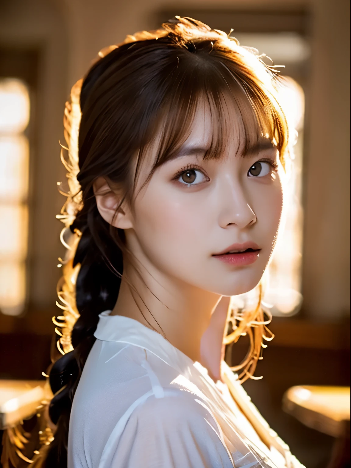 Solo, 1girl in, masutepiece, Best Quality, ighly detailed, Cinematic lighting, intricate detailes, hight resolution, Official art, Dense beautiful face and eyes, High resolution illustration, 8K, Dark intense shadows, Overexposure, [Blonde hair/Brown hair], Single braid, Blue eyes, smug, sit a chair, Upper body, Large breasts, whiteshirt, Yellow suspenders, Boken_stack, Library, ((vine)), Rose, Looking at the viewer
