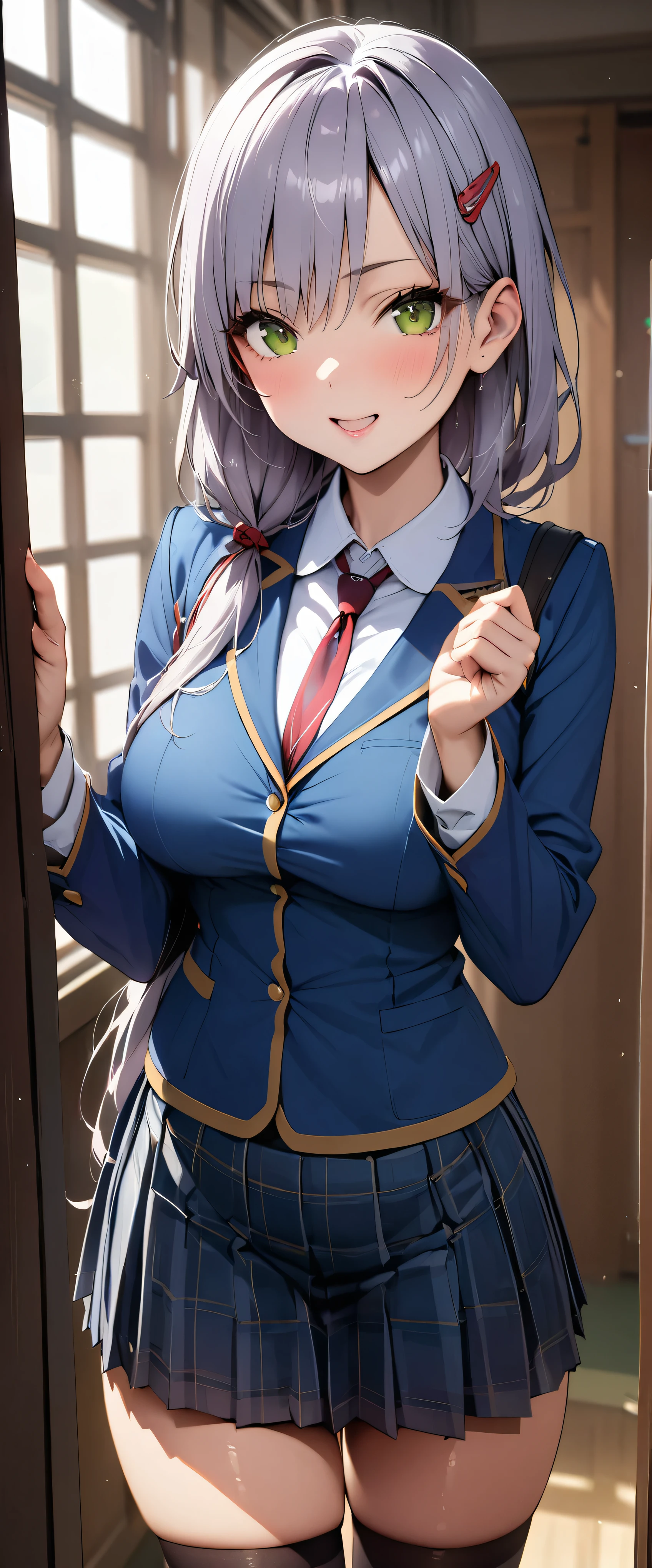 (masterpiece,highest quality,超A high resolution),japanese woman, (((Very beautiful 25 year old girl))), pretty girl、look at the photographer、 ((beautiful low ponytail)), super cute face, glossy lips, double eyelids in both eyes,natural smile、 natural makeup, long eyelashes, Shiny and smooth hair、center image, perfect limbs, perfect anatomy,(((school uniform))、School,open mouth smile