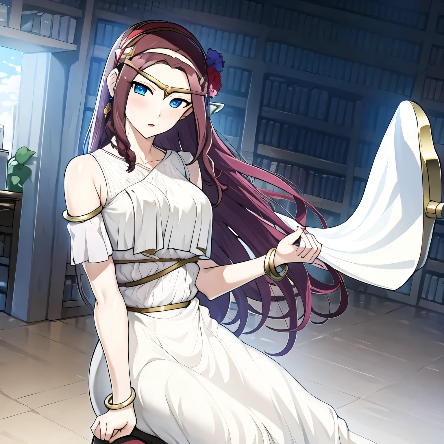 (masterpiece, best quality:1.2), 1girl, solo, reddish brunette, jewelry, white robe, bracelets, blue eyes, Yugioh style, hairband, circlet, standing, white room background, hair with curly ends, forbidden maiden, close up to cupped hands, hands holding silver coins 