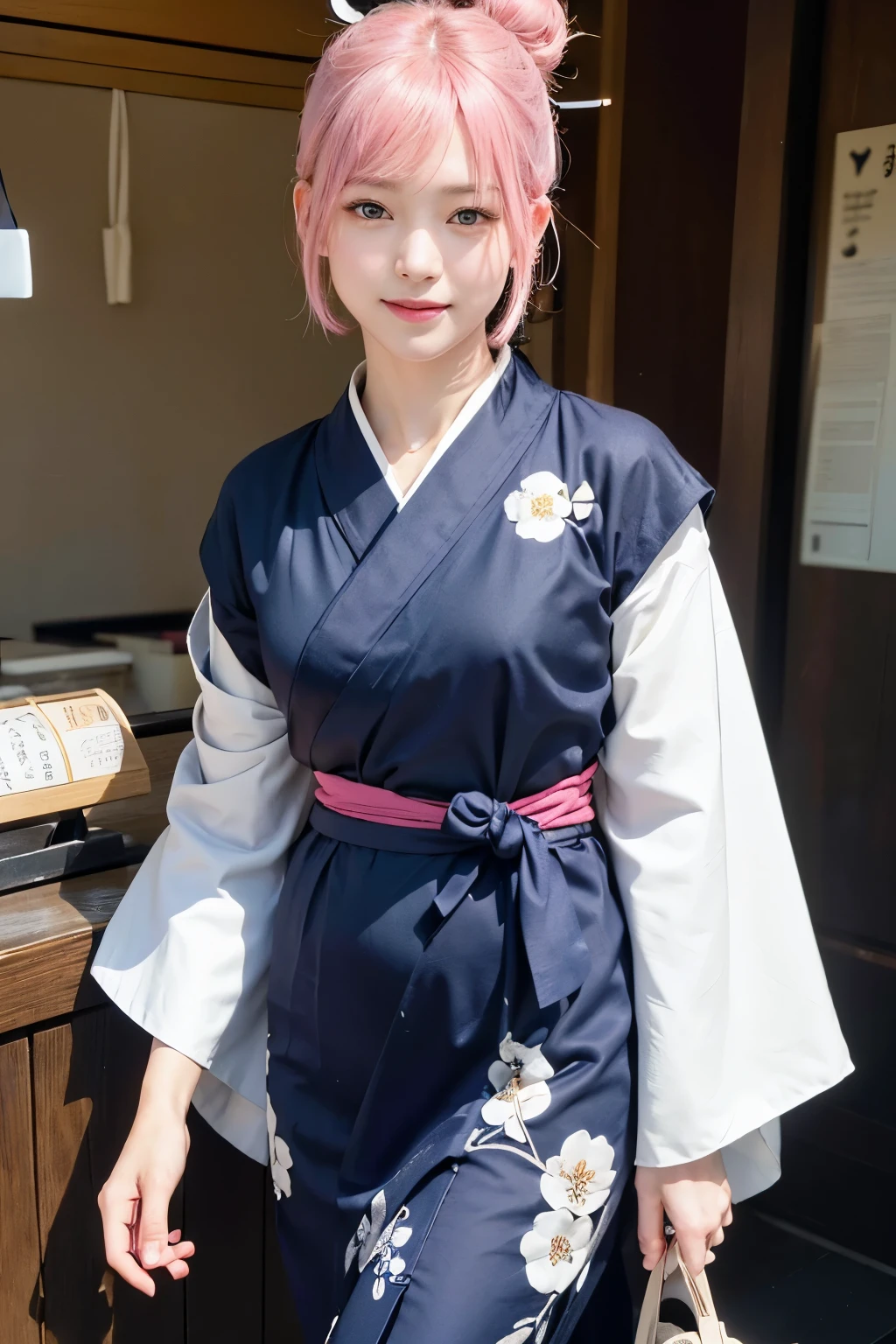 (8K, highest quality, masterpiece:1,2), (realistic, Photoreal:1.37), Super detailed, one girl,), (very detailed), (detailed and beautiful eyes), (highest qualityの), (Super detailed ), (masterpiece), (detailed face),20-year-old, ,1 girl, ((pink hair,very short hair)), medium breasts, dressed, perfect lighting, break (navy blue haori:1.3), (white collar:1.2), (three quarter sleeves:1.2), (white kimono:1.4), (nature motif pattern:1.2), (navy blue hakama:1.3), (Ankle length:1.2), (The hem is not too wide either、:1.2), (white obi:1.4), (simple knot:1.2), (white foot bag:1.2), (Black geta:1.2), (low height:1.2), (Easy to walk:1.2), (bun hair:1.2), (hair ornaments:1.2), (flowers and pieces of paper:1.2), break bun hair, flowers and pieces of paper hair ornaments, smile, friendly, looking at camera, hold soba with right hand, Holding chopsticks with left hand, Please do not put soup on the soba., In front of the soba shop counter, Wall with menu and photos, Natural light, Adding soft shadows to the face
