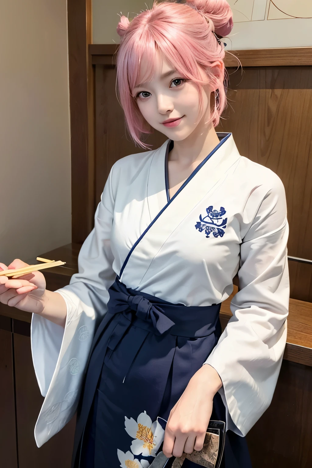 (8K, highest quality, masterpiece:1,2), (realistic, Photoreal:1.37), Super detailed, one girl,), (very detailed), (detailed and beautiful eyes), (highest qualityの), (Super detailed ), (masterpiece), (detailed face),20-year-old, ,1 girl, ((pink hair,very short hair)), medium breasts, dressed, perfect lighting, break (navy blue haori:1.3), (white collar:1.2), (three quarter sleeves:1.2), (white kimono:1.4), (nature motif pattern:1.2), (navy blue hakama:1.3), (Ankle length:1.2), (The hem is not too wide either、:1.2), (white obi:1.4), (simple knot:1.2), (white foot bag:1.2), (Black geta:1.2), (low height:1.2), (Easy to walk:1.2), (bun hair:1.2), (hair ornaments:1.2), (flowers and pieces of paper:1.2), break bun hair, flowers and pieces of paper hair ornaments, smile, friendly, looking at camera, hold soba with right hand, Holding chopsticks with left hand, Please do not put soup on the soba., In front of the soba shop counter, Wall with menu and photos, Natural light, Adding soft shadows to the face