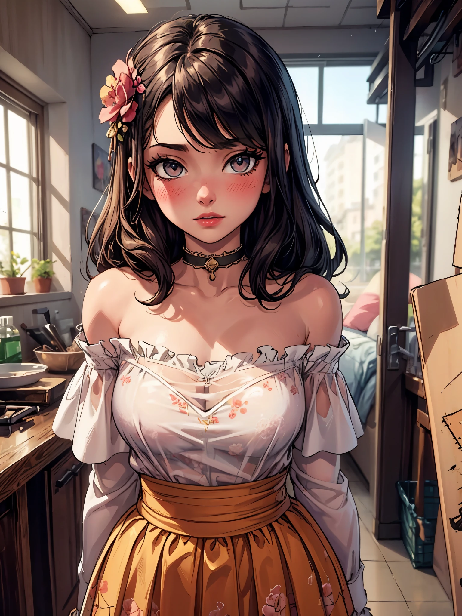 (best quality, masterpiece), 1girl, intricate details, off shoulder, skirt, choker, frills, see-through, looking at viewer, blush, upper body, blurry background, floral print, contrapposto