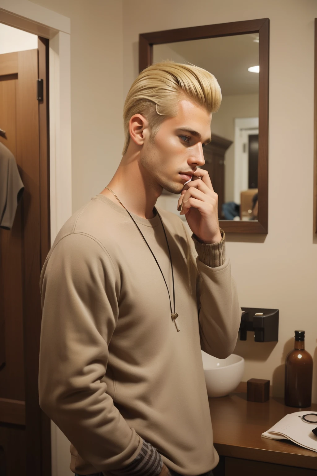Little Wing, Wisconsin, 2014. A young ((((30-year-old)) Lee Bodecker)), tall, lean, angular jawline, stricking features, charismatic, free-spirited, at home, talking on the phone, ((sad expression)). ((((hipster clothings from the 2010s)))), ((unkempt stylish blonde hairstyle of the 2010s))