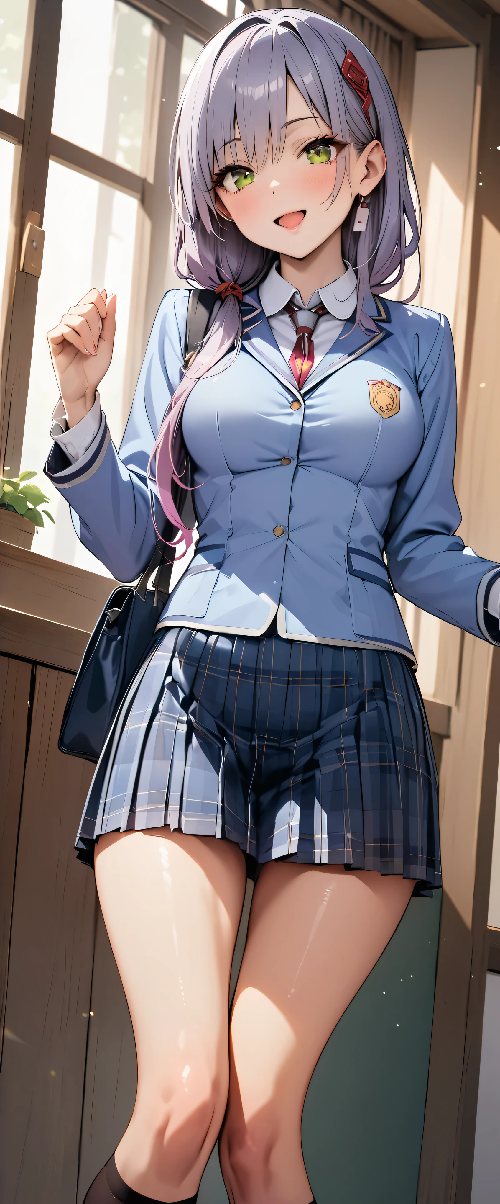 (masterpiece,highest quality,超A high resolution),japanese woman, (((Very beautiful 25 year old girl))), pretty girl、look at the photographer、 ((beautiful low ponytail)), super cute face, glossy lips, double eyelids in both eyes,natural smile、 natural makeup, long eyelashes, Shiny and smooth hair、center image, perfect limbs, perfect anatomy,(((school uniform))、School,open mouth smile